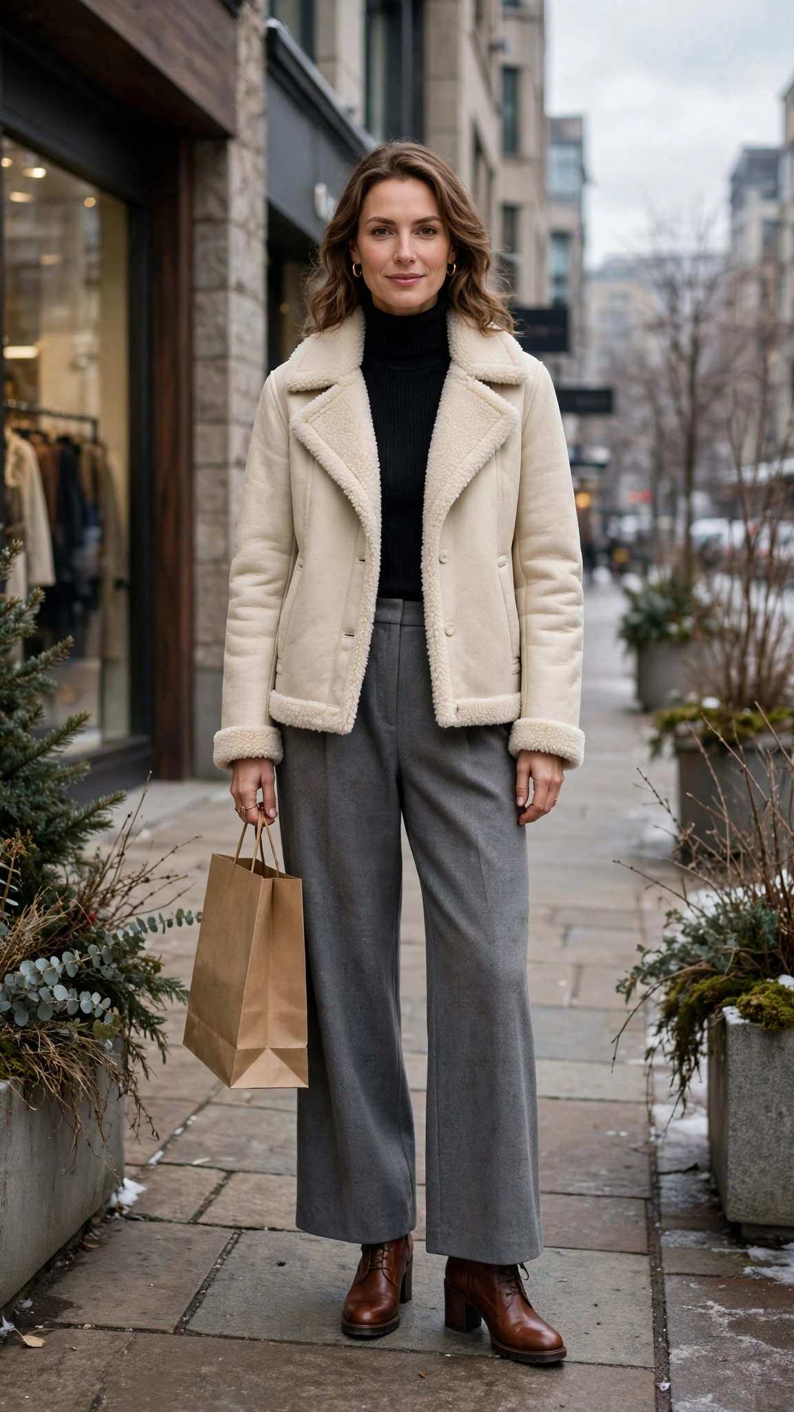 Cream Shearling Jacket with grey wide-leg trousers