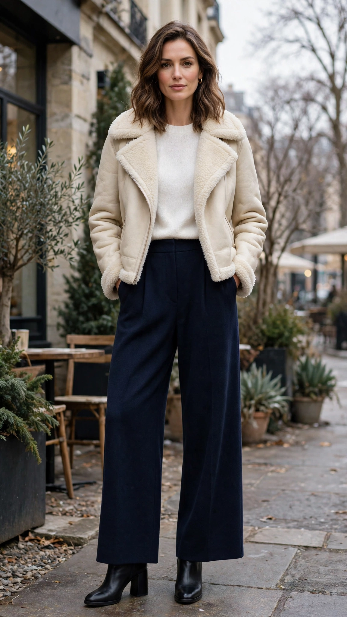 Cream Shearling Jacket with navy wide-leg trousers