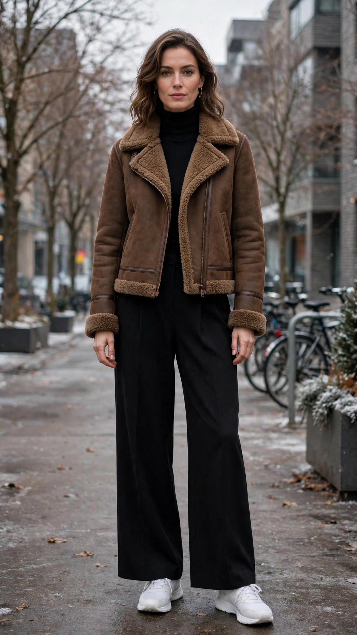 Brown Shearling Jacket with black wide-leg trousers