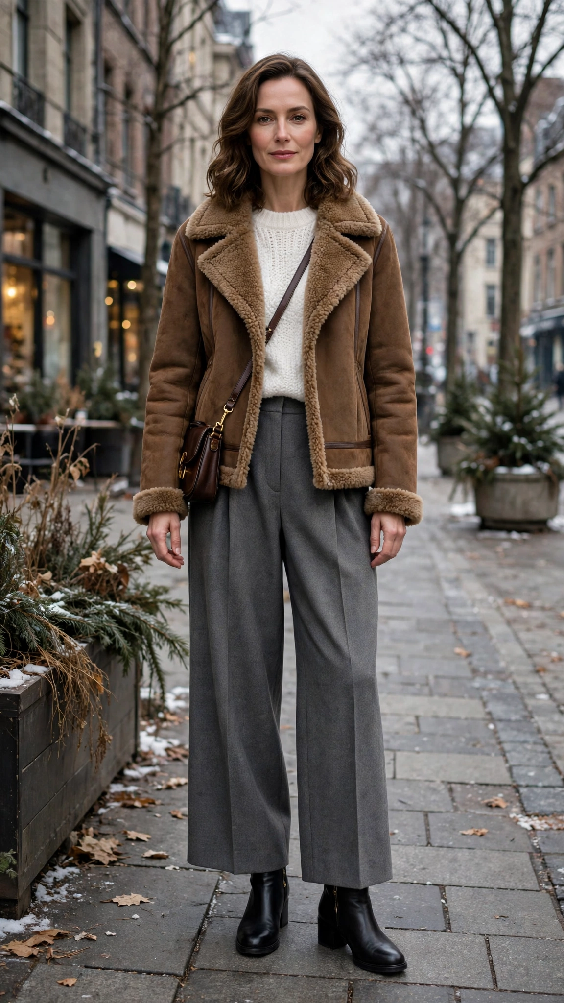Brown Shearling Jacket with grey wide-leg trousers