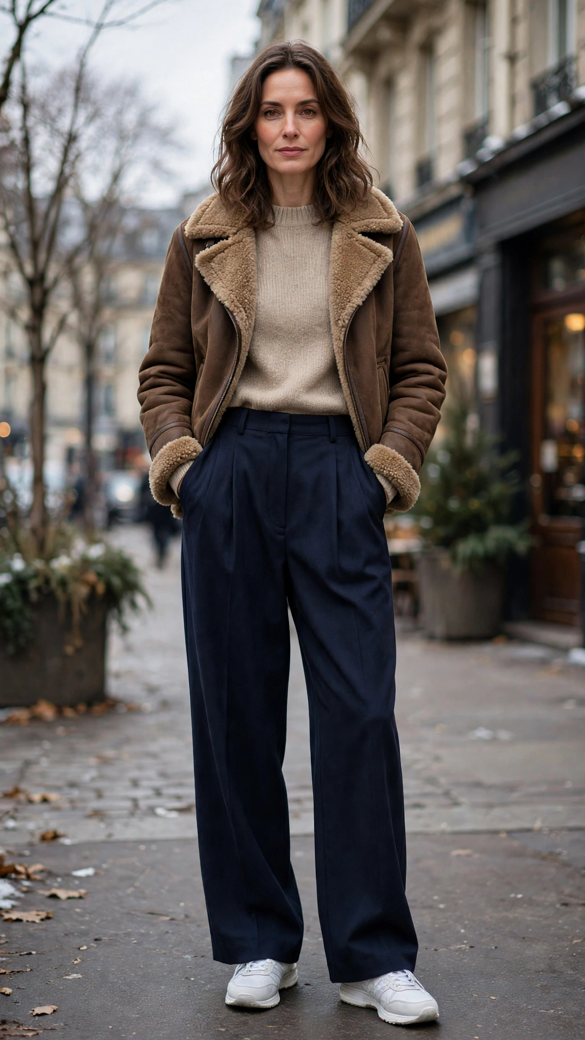 Brown Shearling Jacket with navy wide-leg trousers