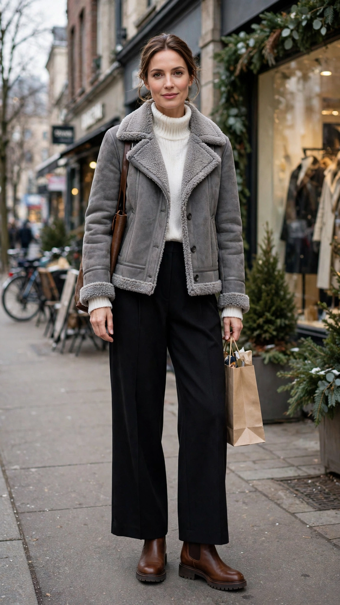 Grey Shearling Jacket with black wide-leg trousers