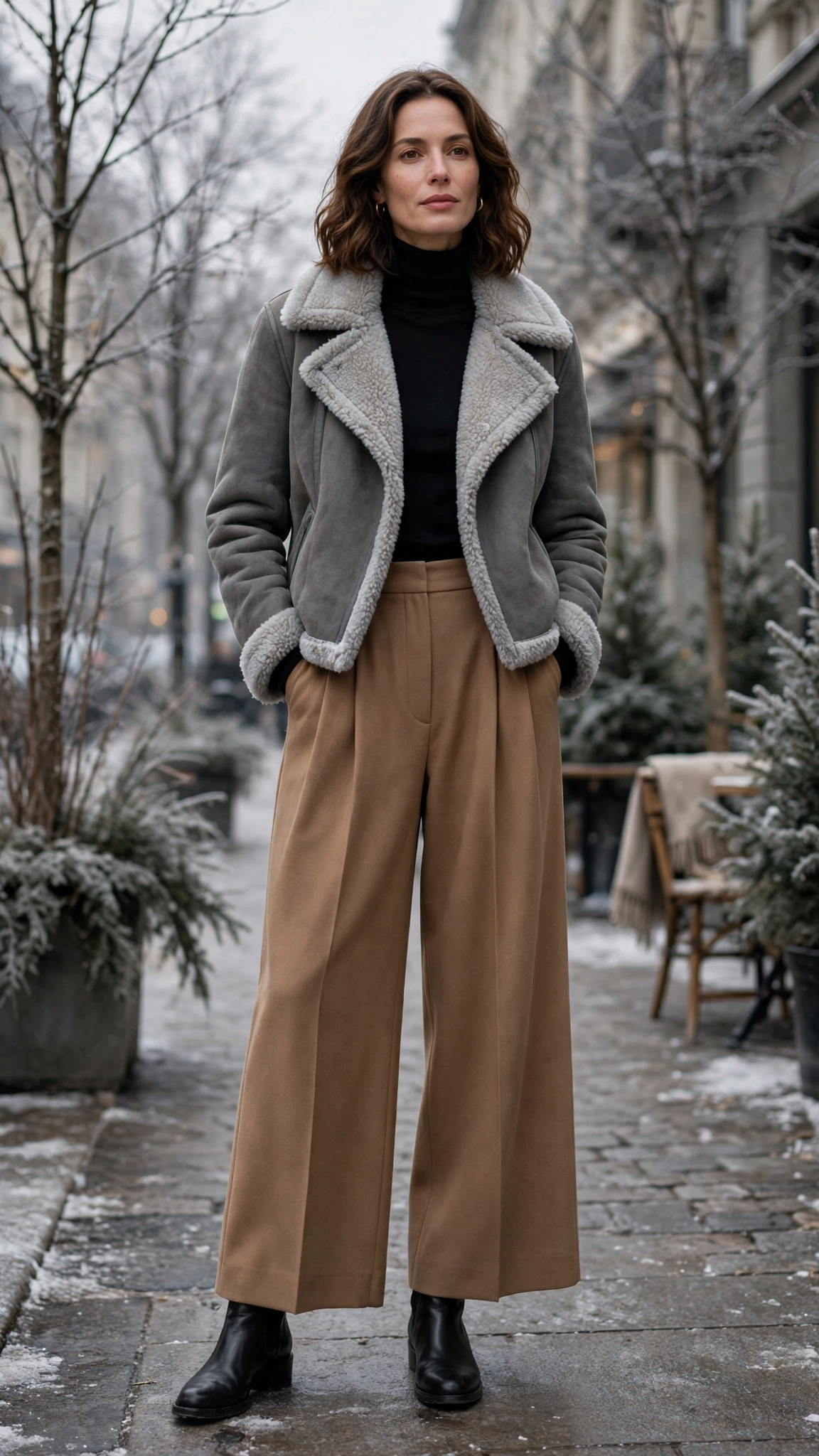 Grey Shearling Jacket with camel wide-leg trousers