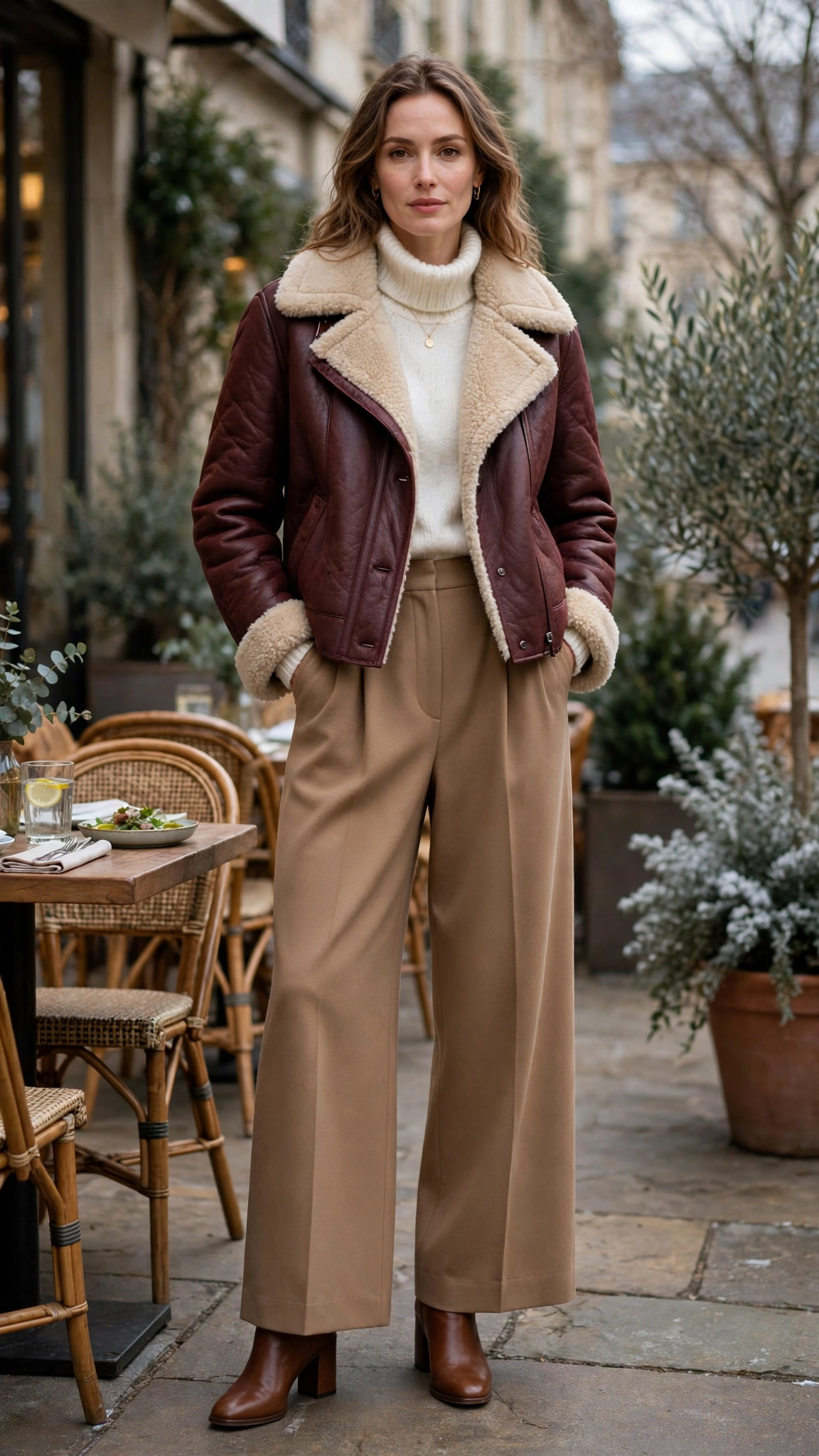 Burgundy Shearling Jacket with camel wide-leg trousers