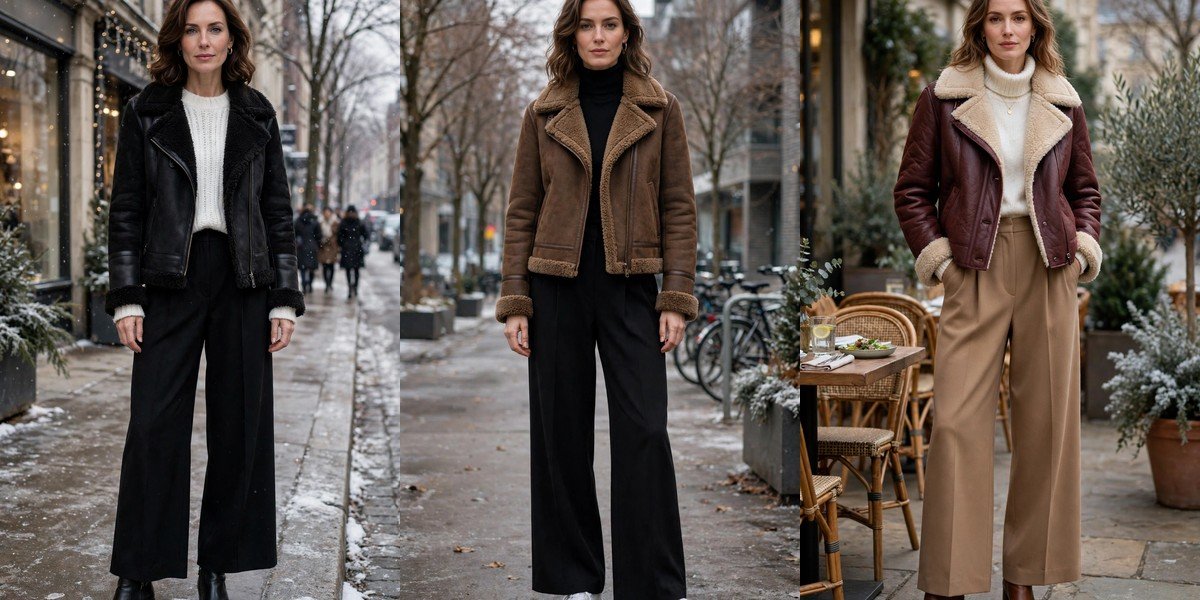 Shearling jacket outfits with wide leg trousers for winter