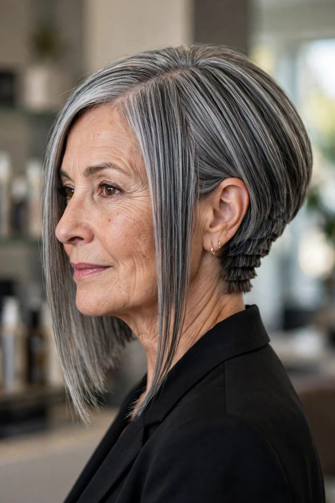 38 Sleek Winter Blowout Hairstyles for Women Over 50 With a Side Part That Are Chic, Polished and Easy to Wear 16 Silver Sleek Side Part