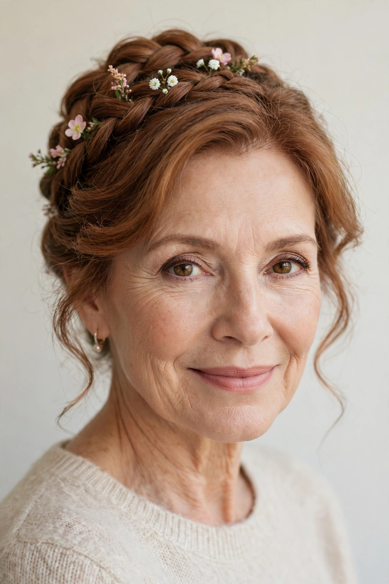 Soft Auburn Soft Braided Updos for Valentine Evenings with Tiny Fresh Flowers