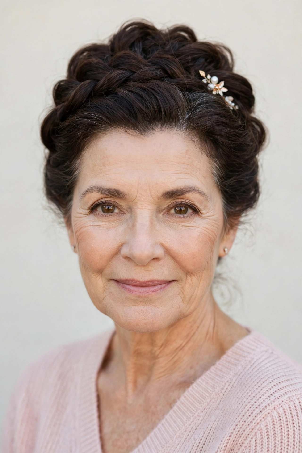 Soft Braided Updos for Valentine Evenings in deep brunette with a voluminous at the roots finish