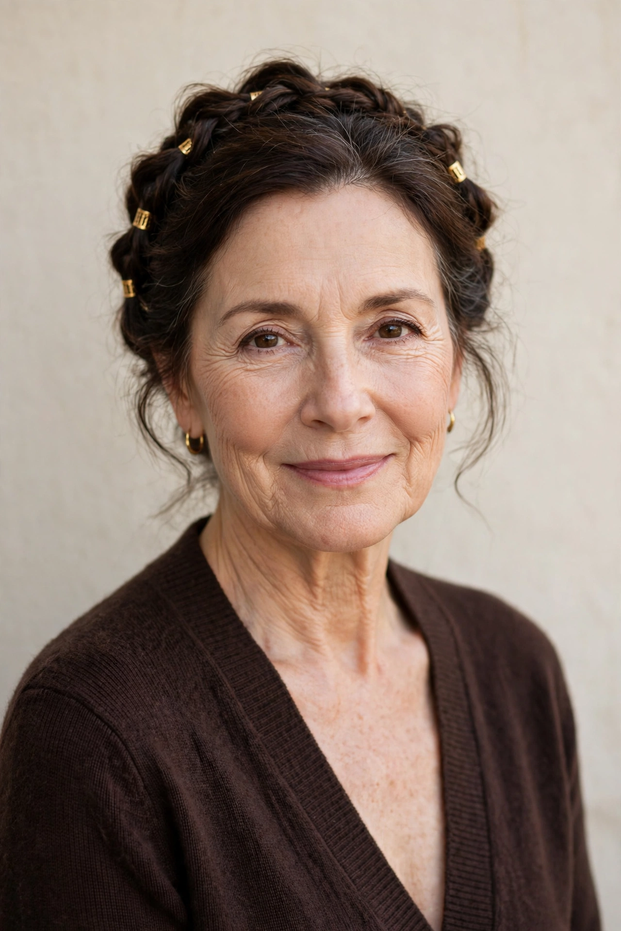 Dark Chocolate Soft Braided Updos for Valentine Evenings with Small Gold Cuffs