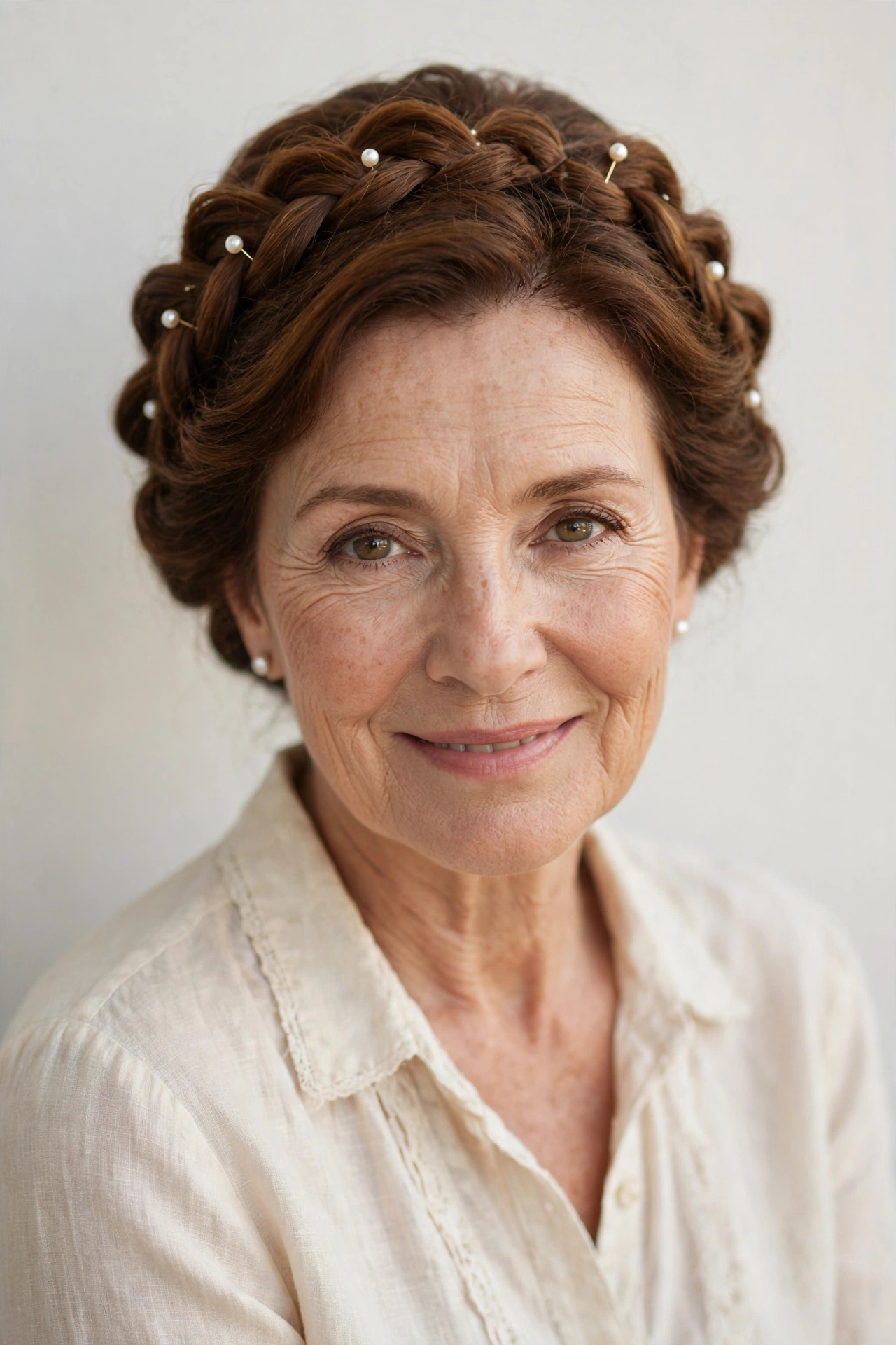 Chestnut Soft Braided Updos for Valentine Evenings with Delicate Pearl Pins