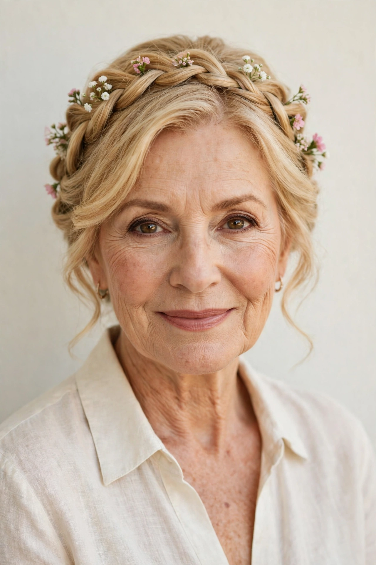 Golden Blonde Soft Braided Updos for Valentine Evenings with Tiny Fresh Flowers