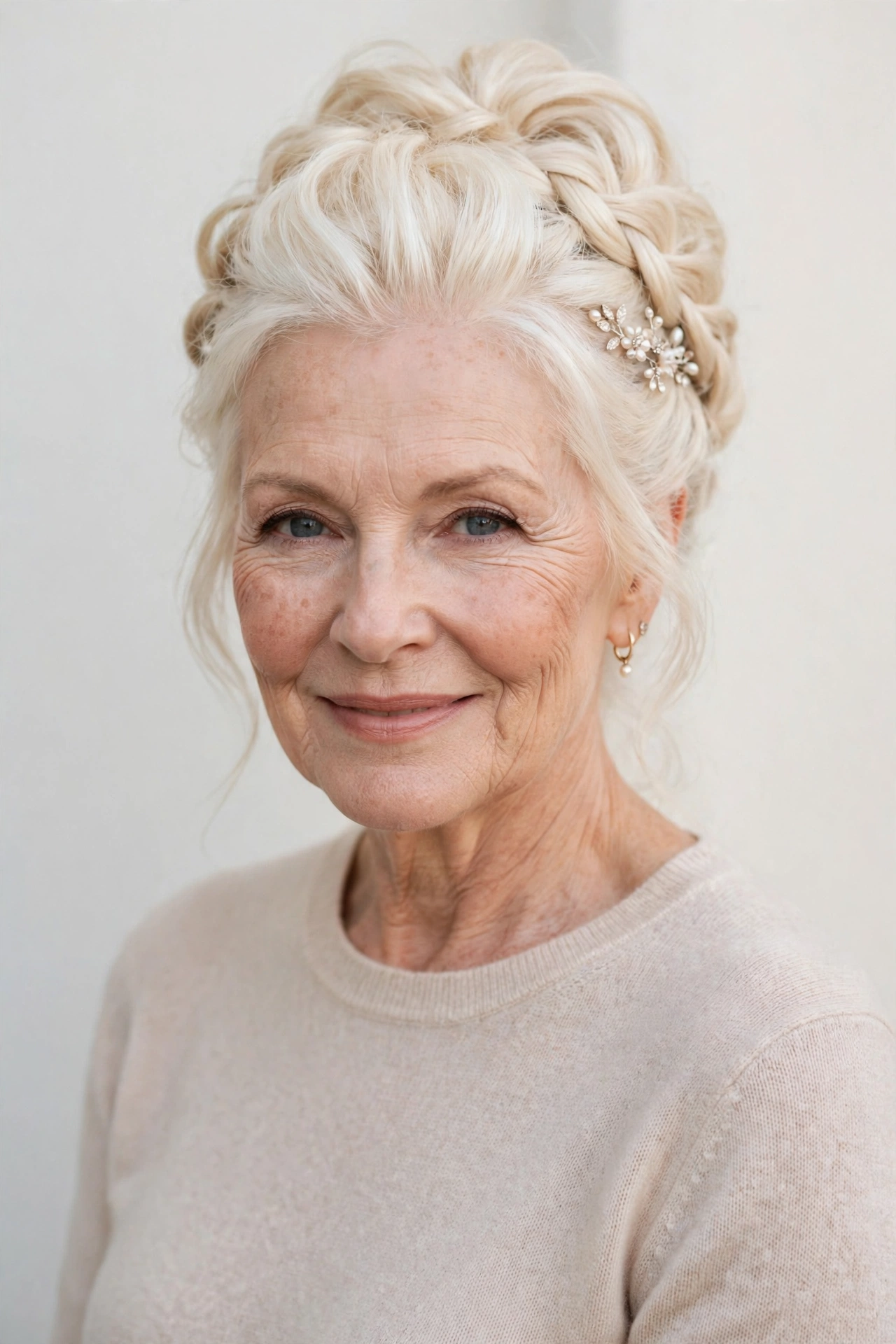 Soft Braided Updos for Valentine Evenings in platinum blonde with a voluminous at the roots finish