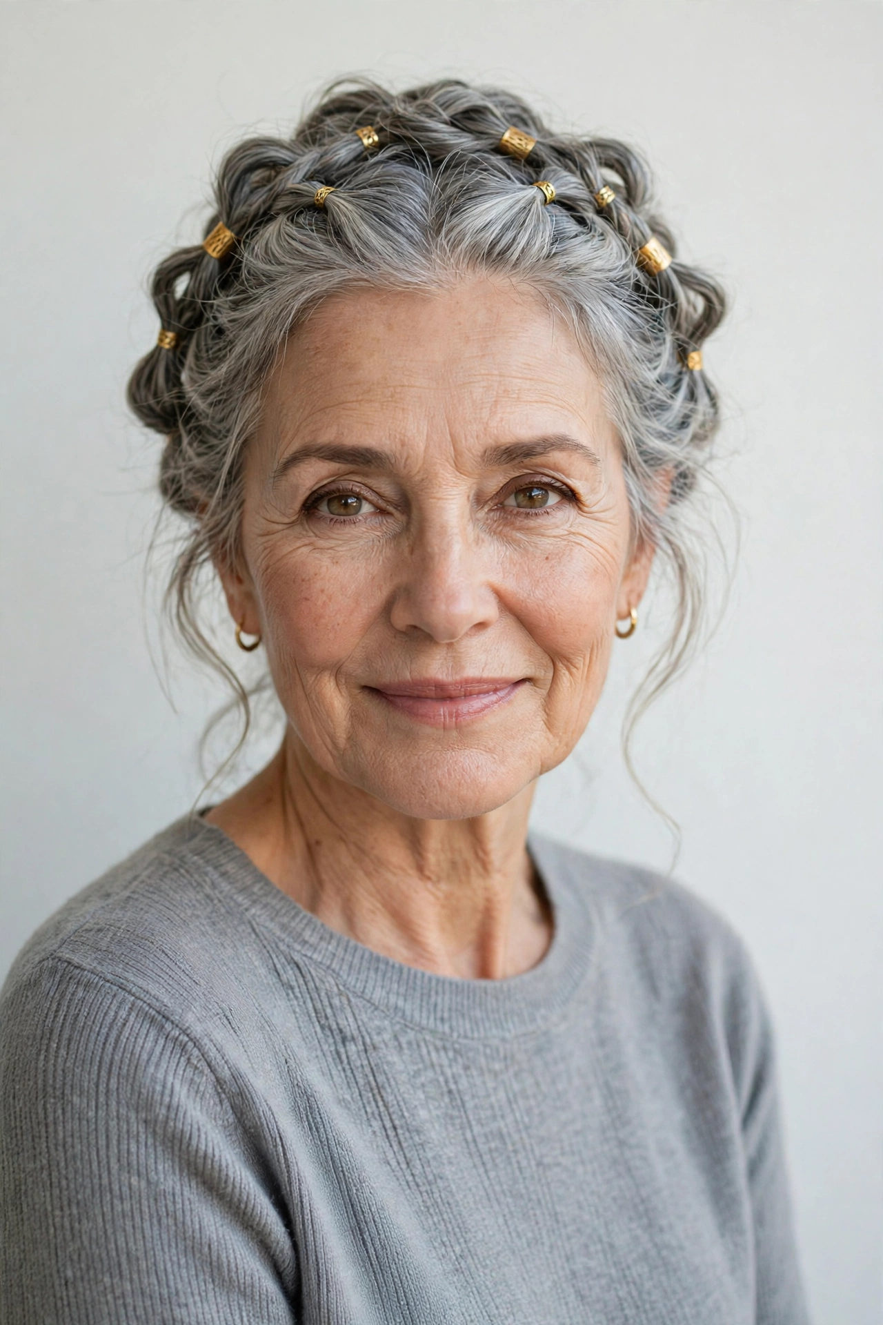 Soft Grey-Blended Soft Braided Updos for Valentine Evenings with Small Gold Cuffs