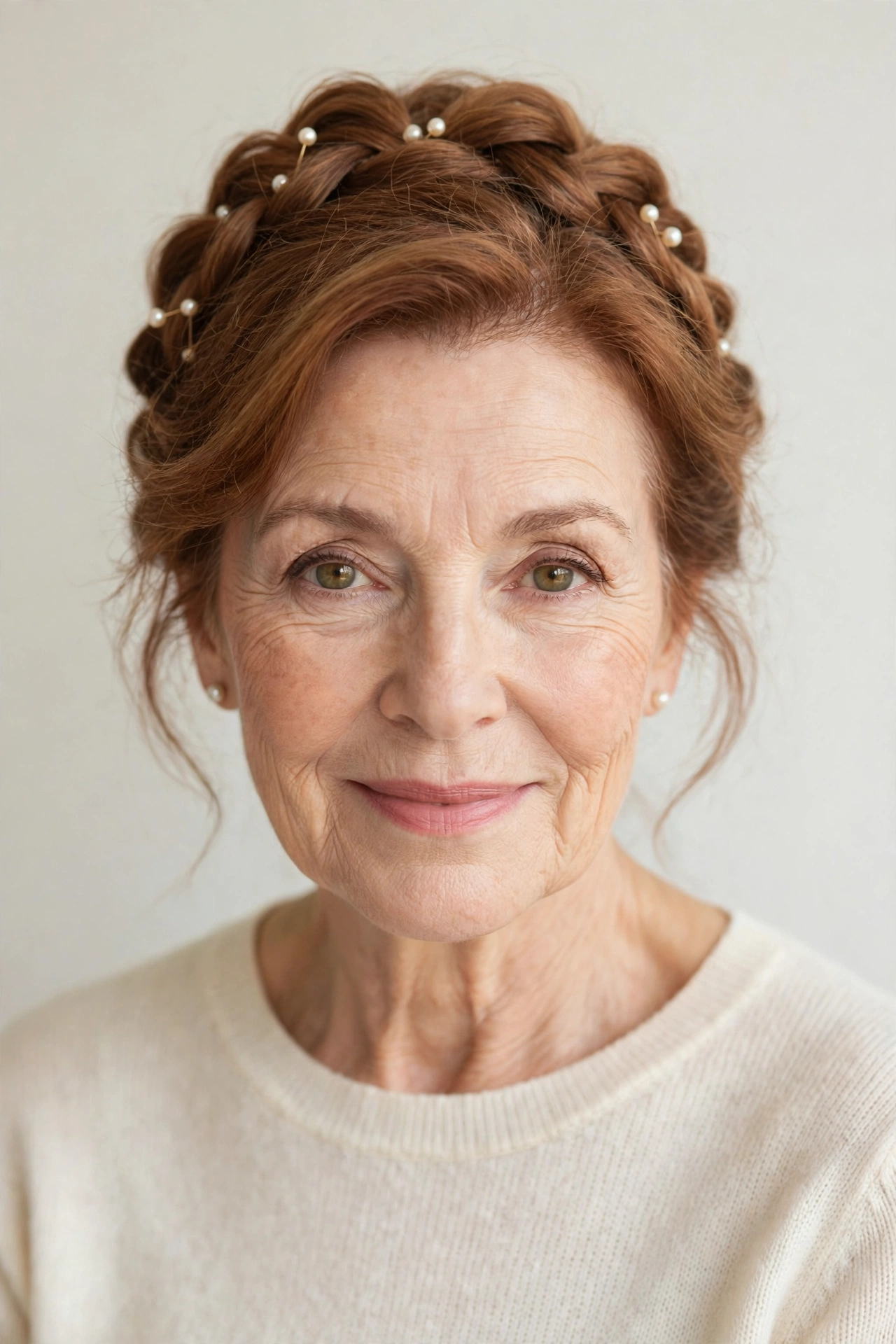 Soft Auburn Soft Braided Updos for Valentine Evenings with Delicate Pearl Pins