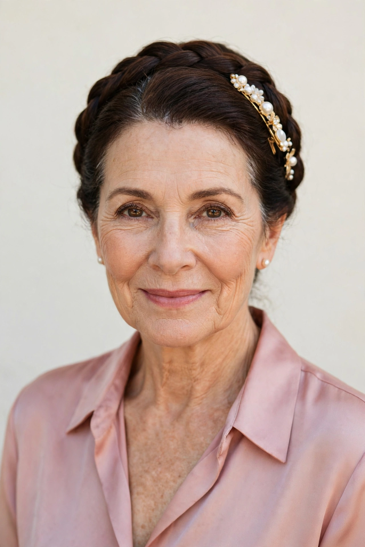 Soft Braided Updos for Valentine Evenings in deep brunette with a smooth and polished finish