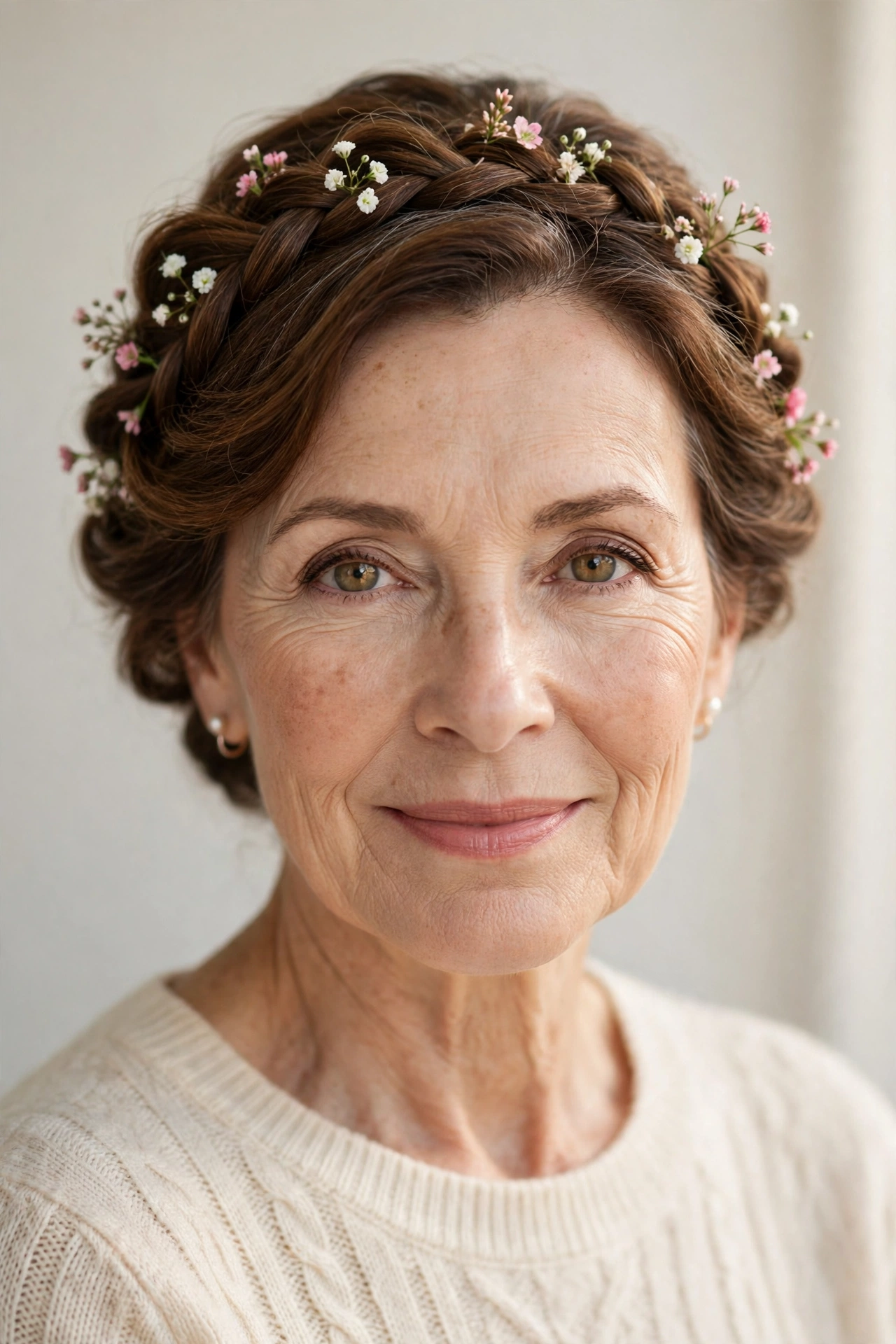 Chestnut Soft Braided Updos for Valentine Evenings with Tiny Fresh Flowers