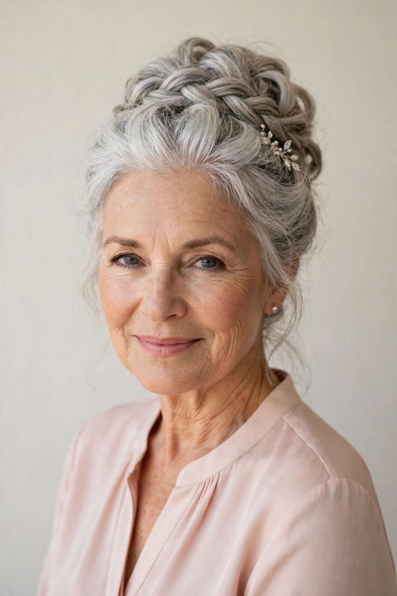 Soft Braided Updos for Valentine Evenings in silver with a voluminous at the roots finish
