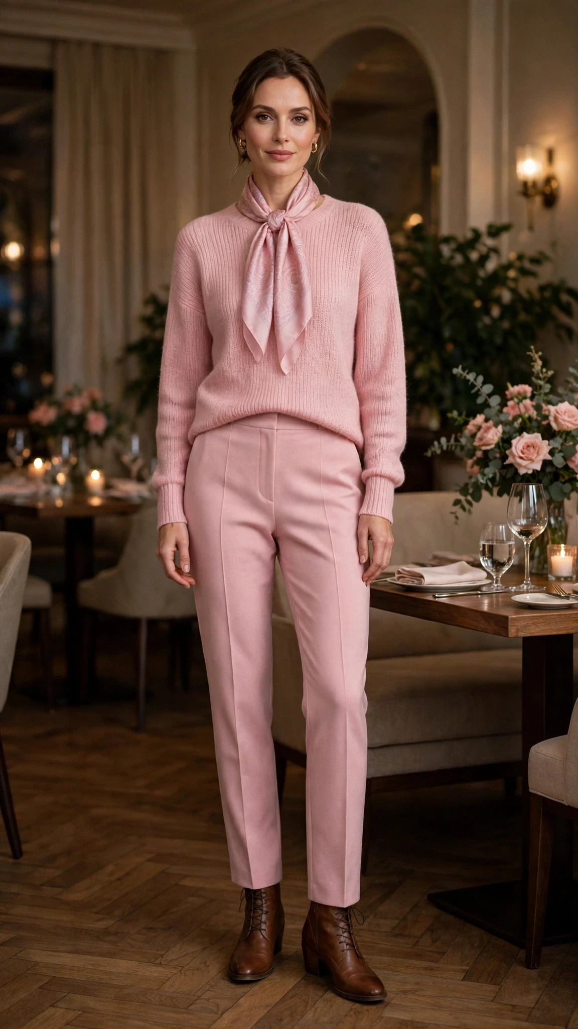 Soft pink knit and tailored trouser outfit with leather ankle boots and a silk scarf