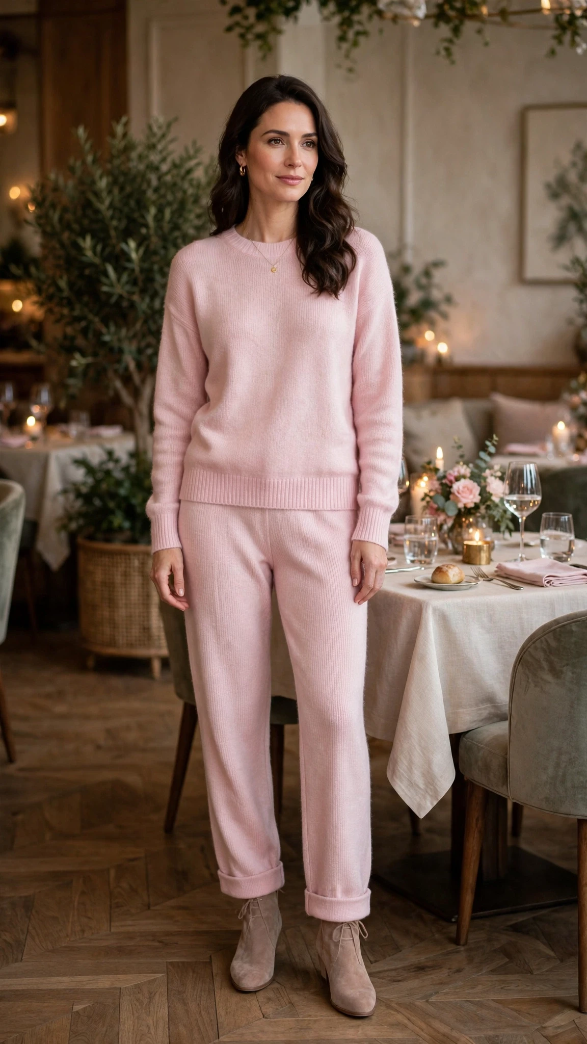 Pastel soft pink knit and trouser outfit with suede ankle boots and a delicate gold necklace