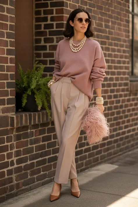 Soft pink chunky knit outfit with wide-leg trousers, low-heeled pumps and a pearl bracelet