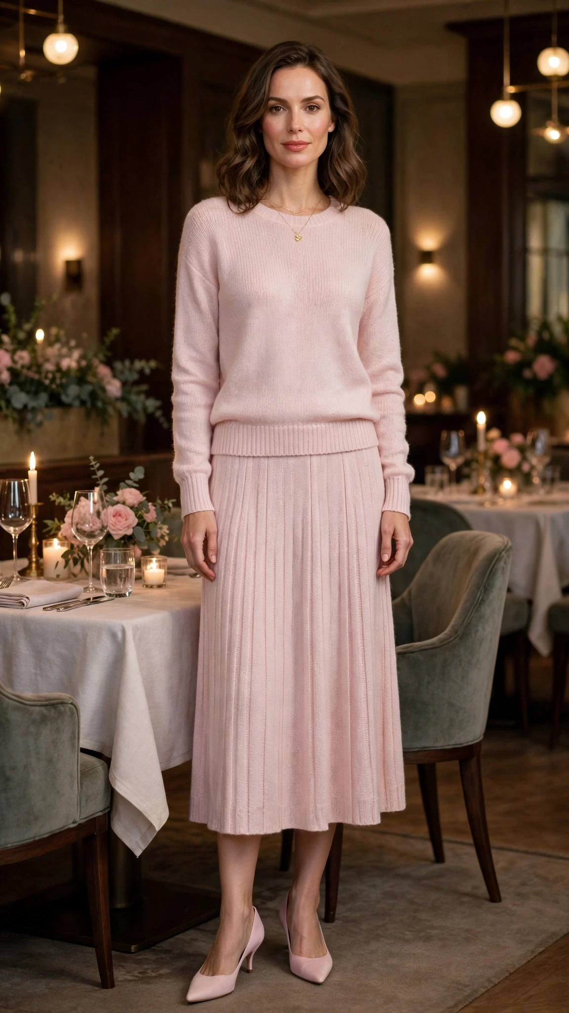 Pale soft pink knit and skirt outfit with kitten heels and a delicate gold necklace