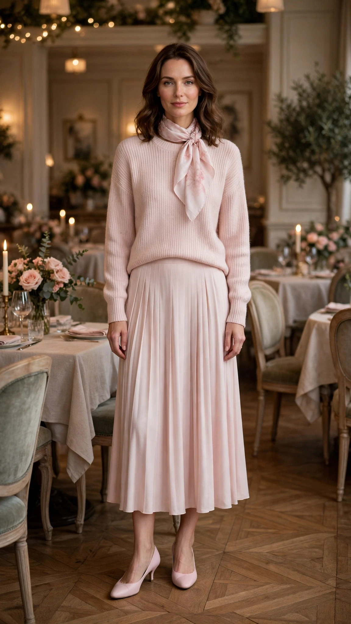 Pale soft pink knit and skirt outfit with low-heeled pumps and a silk scarf