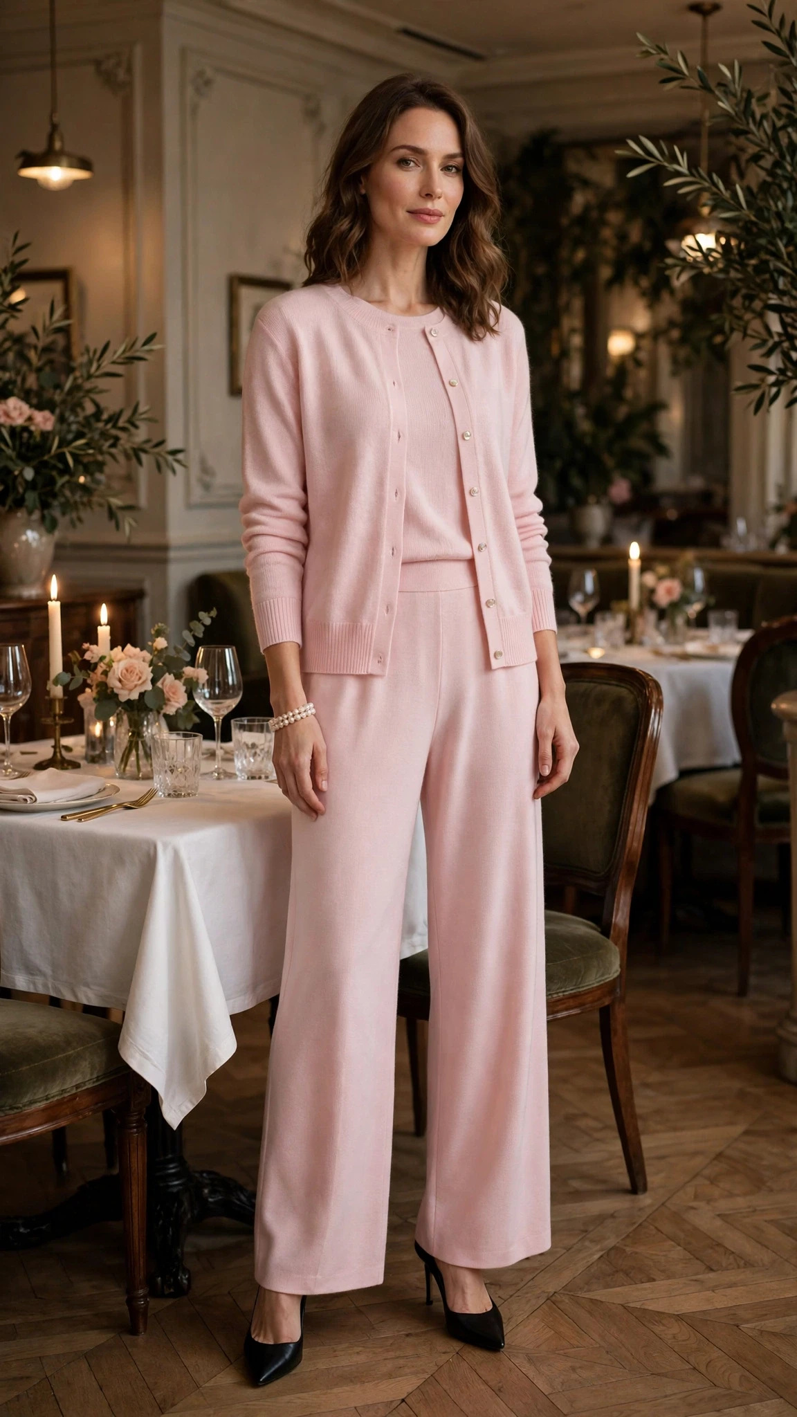 Pastel soft pink knit and wide-leg trouser outfit with black pointed heels and a pearl bracelet