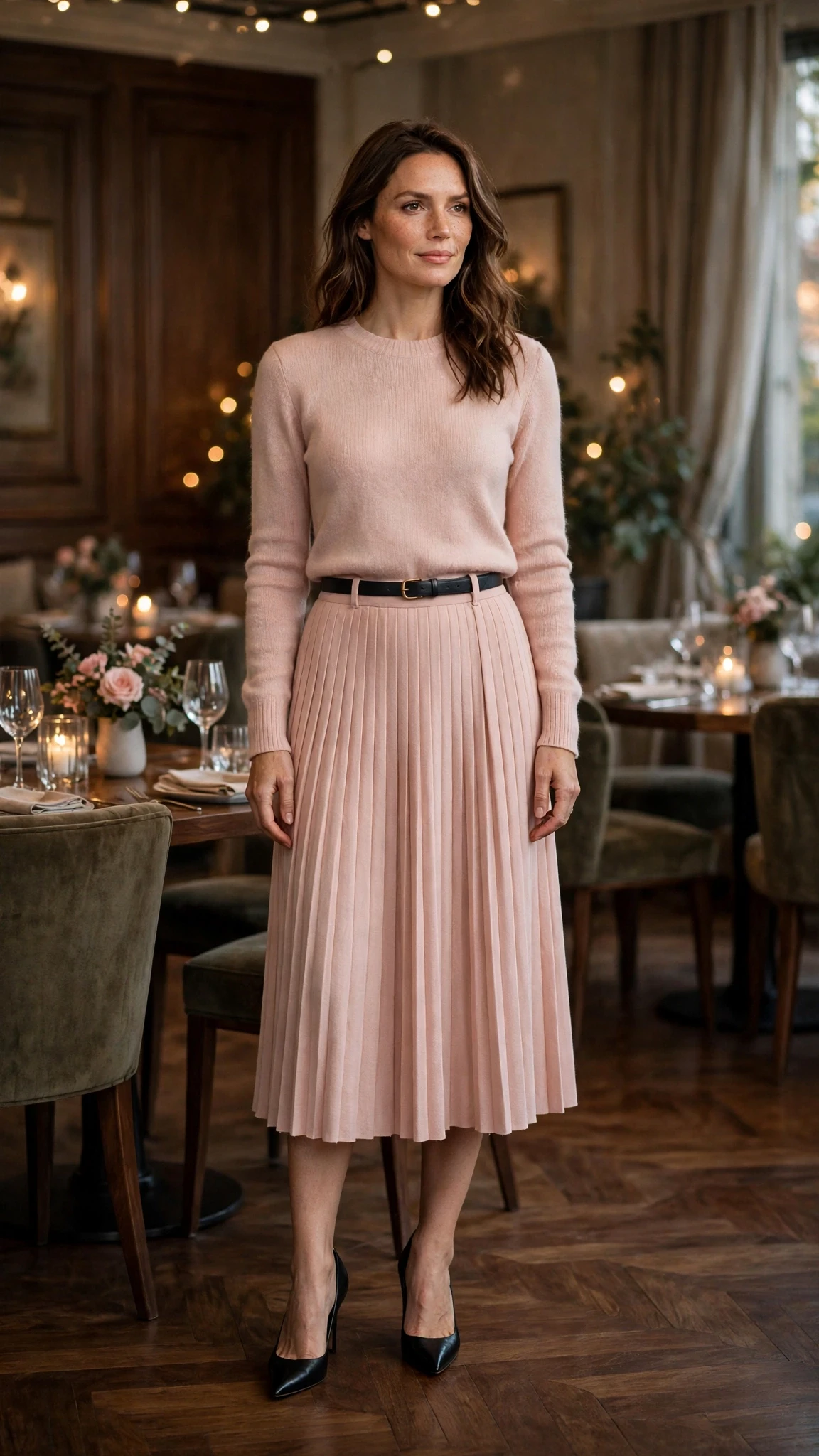 Blush soft pink knit and pleated skirt outfit with black pointed heels and a slim leather belt