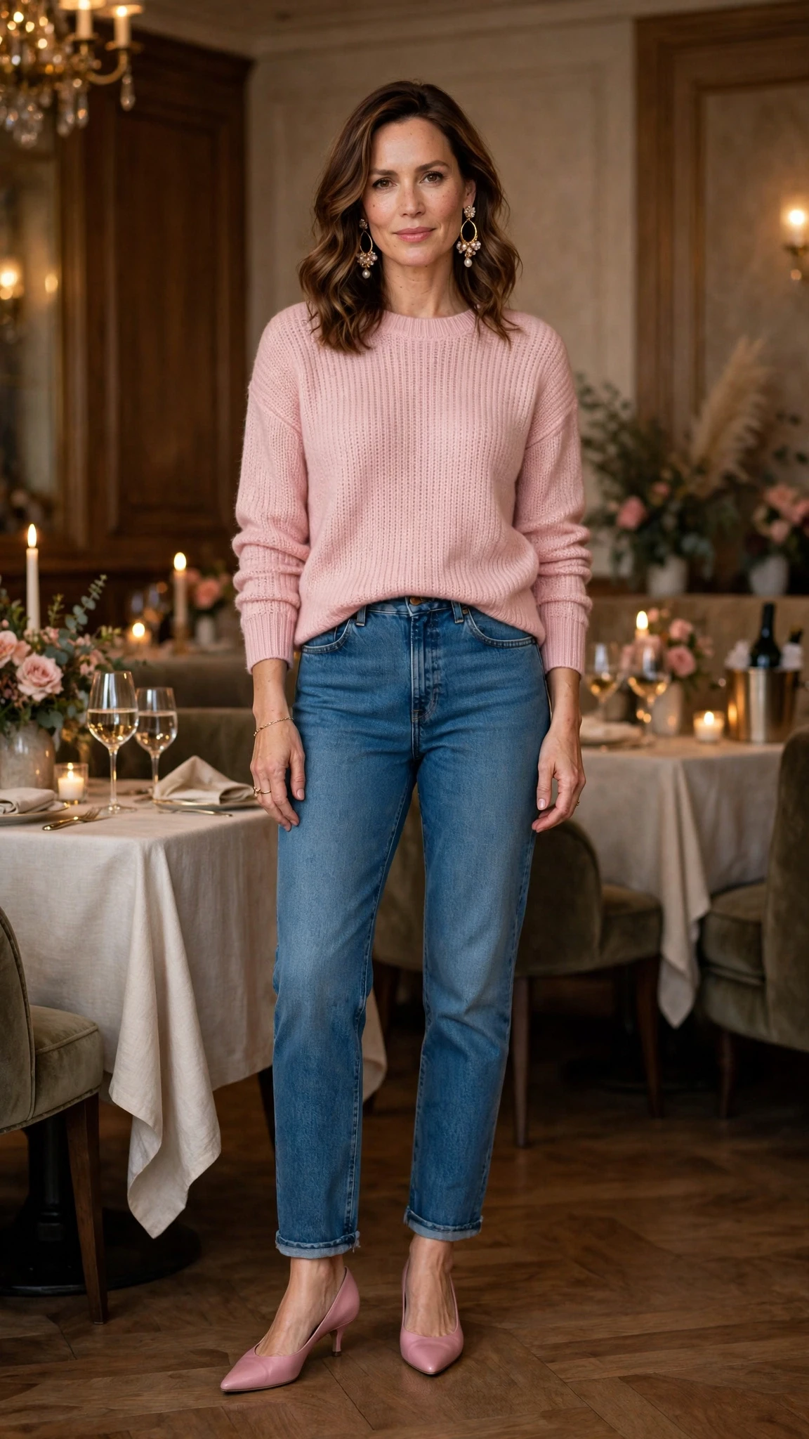 Soft pink knit and jeans outfit with kitten heels and statement earrings