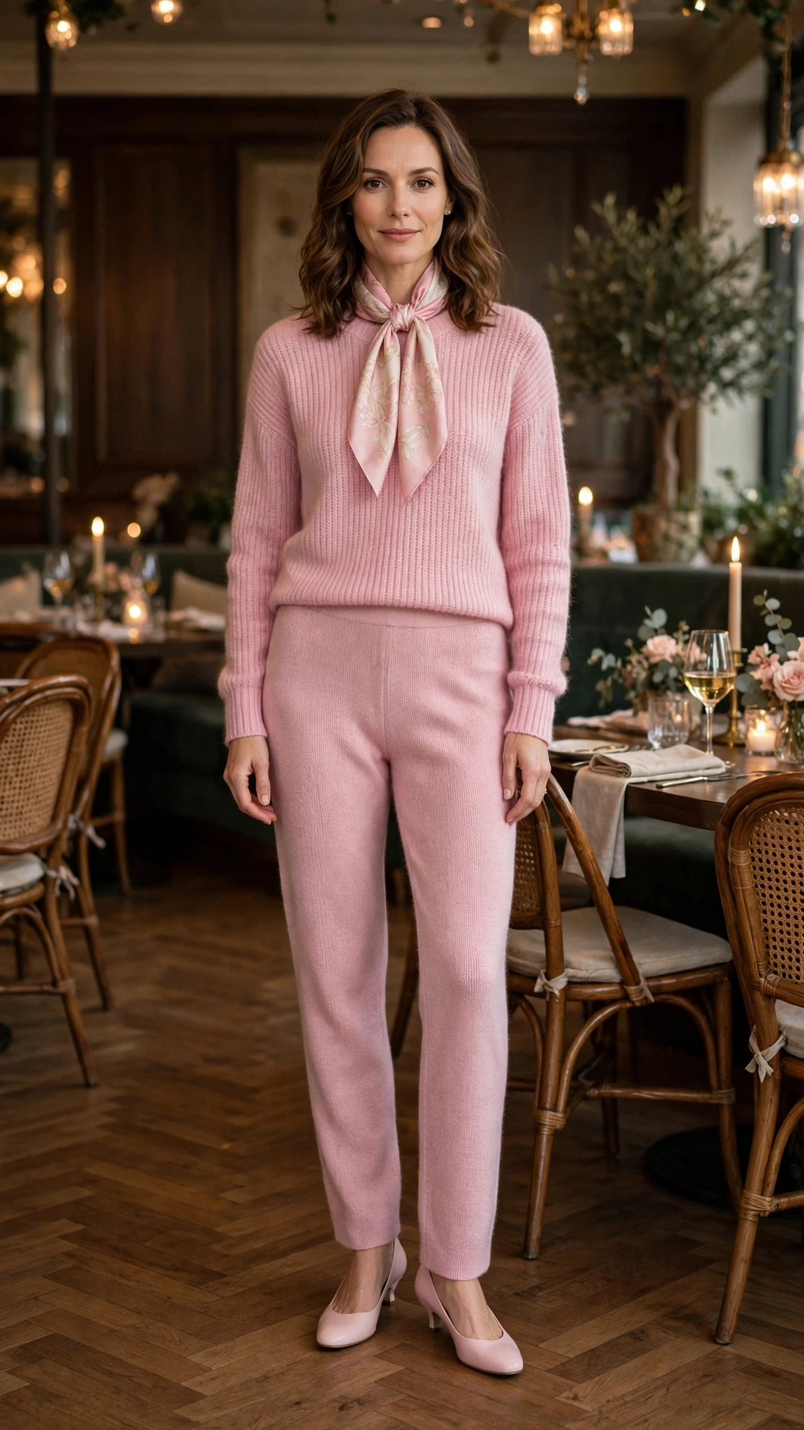 Soft pink knit and trouser outfit with low-heeled pumps and a silk scarf
