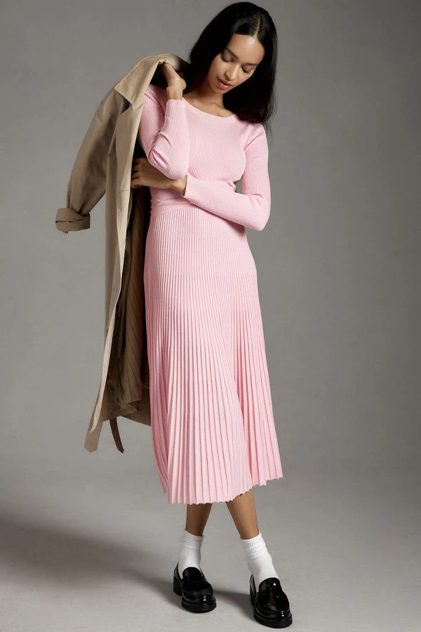 Blush soft pink knit dress outfit with smart loafers and a chic crossbody bag