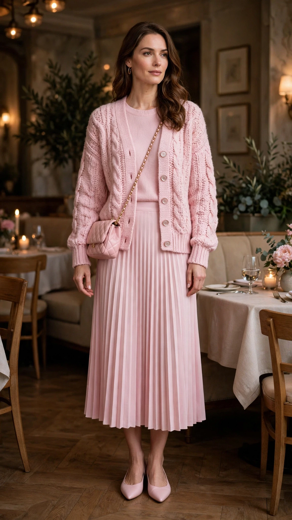 Pastel soft pink chunky knit outfit with a pleated skirt, elegant pointed flats and a chic crossbody bag