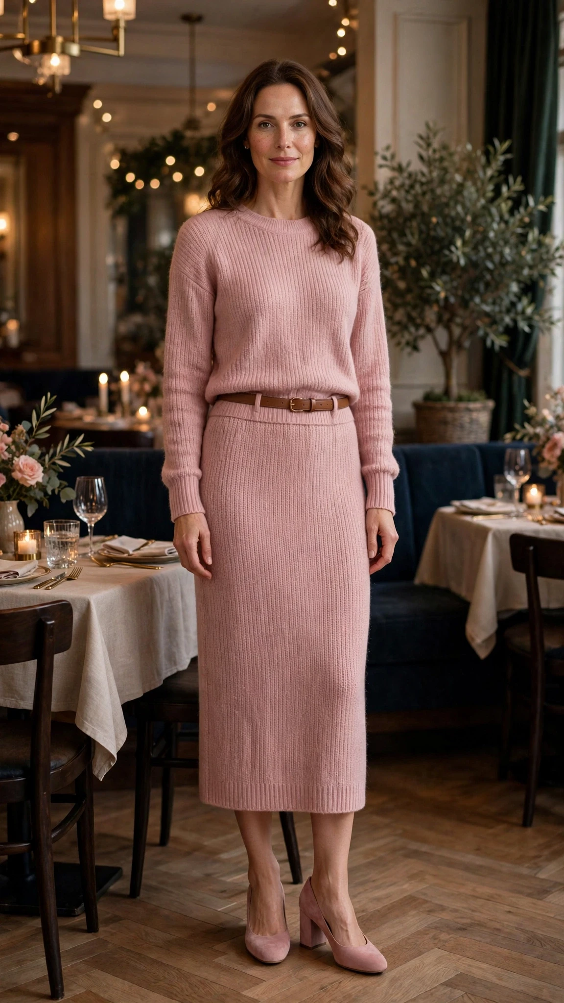 Dusty soft pink knit midi outfit with a midi skirt, comfortable block heels and a slim leather belt