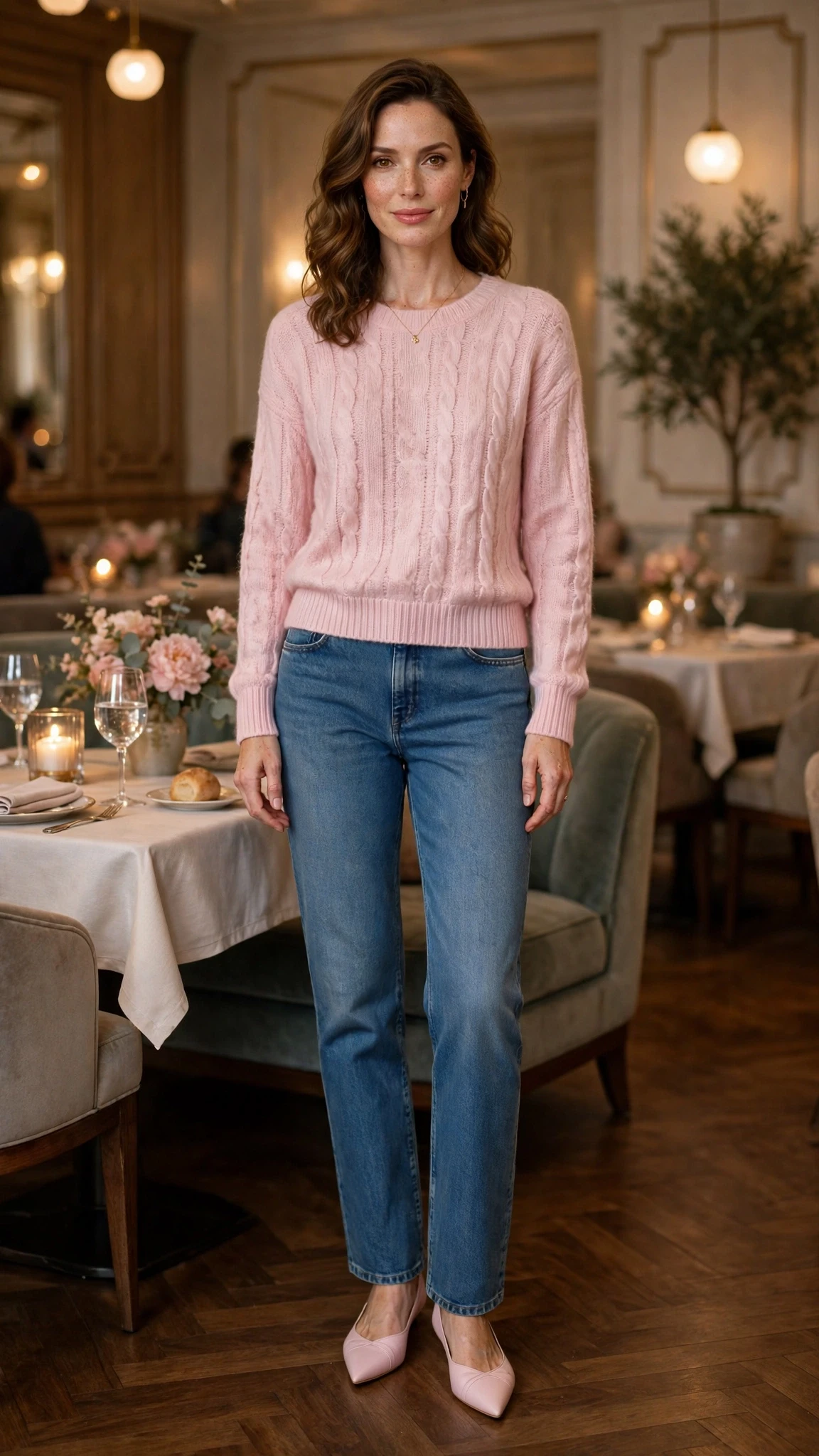 Pastel soft pink knit and jeans outfit with elegant pointed flats and a delicate gold necklace