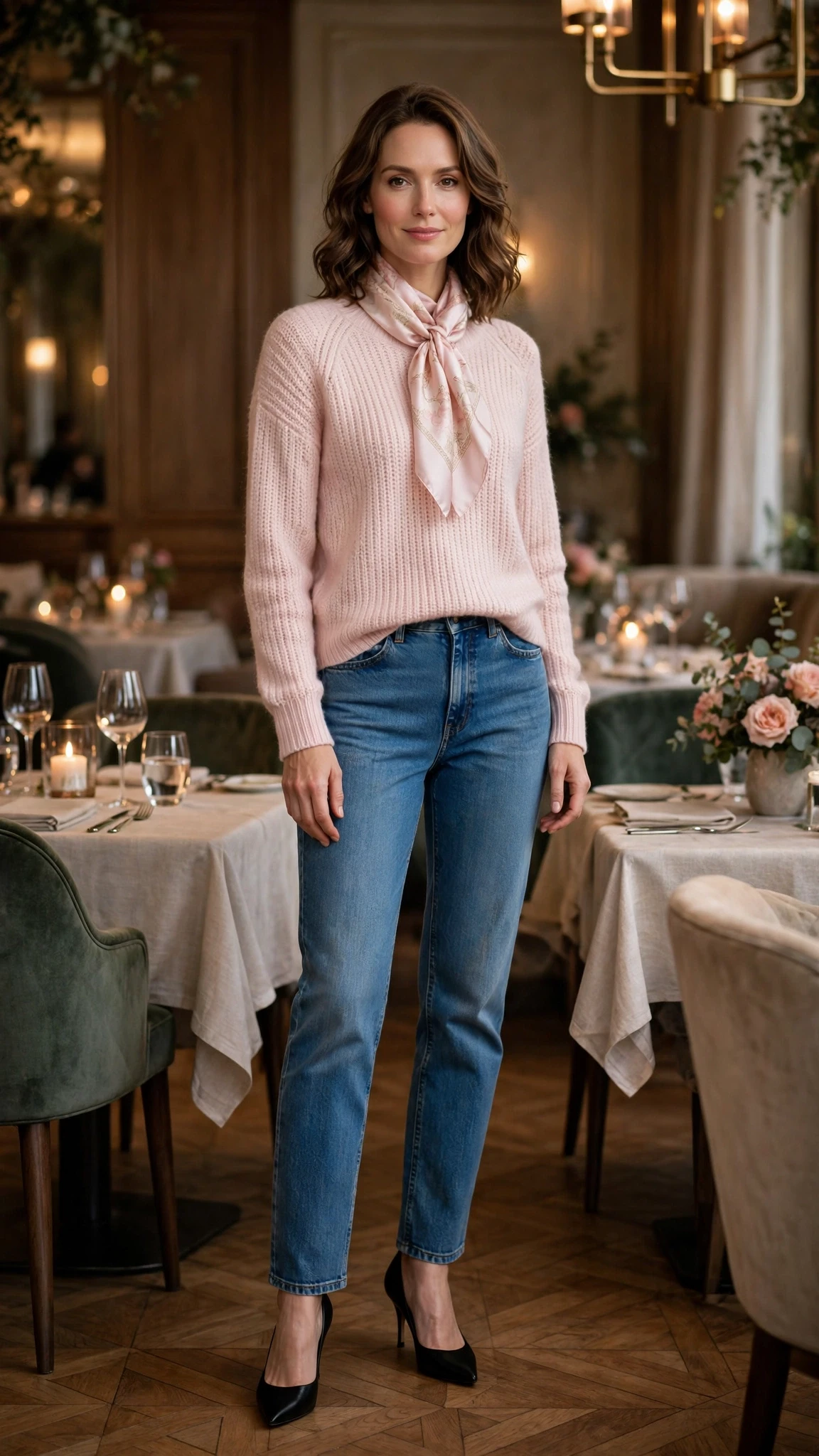 Pale soft pink knit and jeans outfit with black pointed heels and a silk scarf