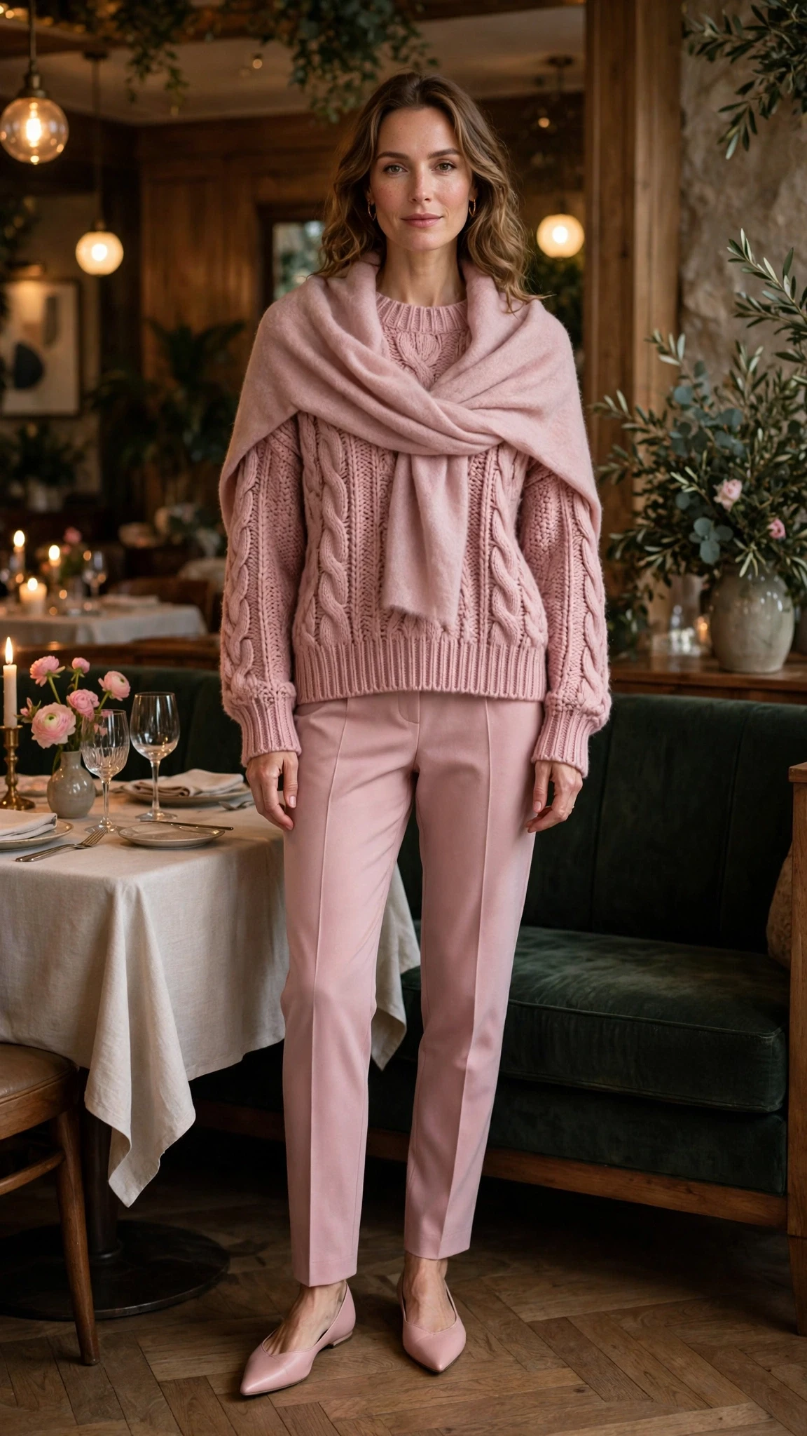 Dusty soft pink chunky knit outfit with tailored trousers, elegant pointed flats and a cashmere wrap