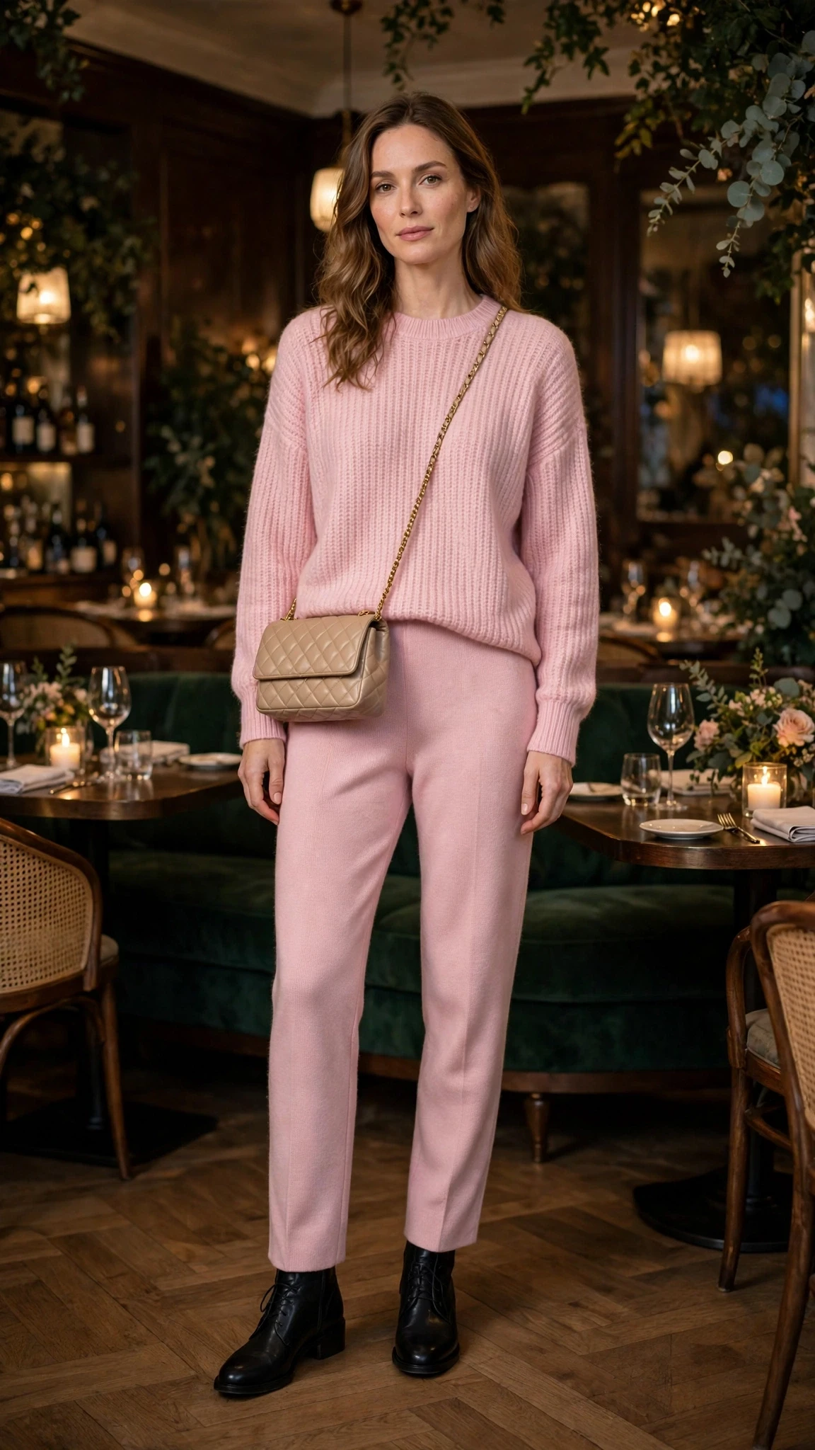 Soft pink knit sweater outfit with straight-leg trousers, leather ankle boots and a chic crossbody bag