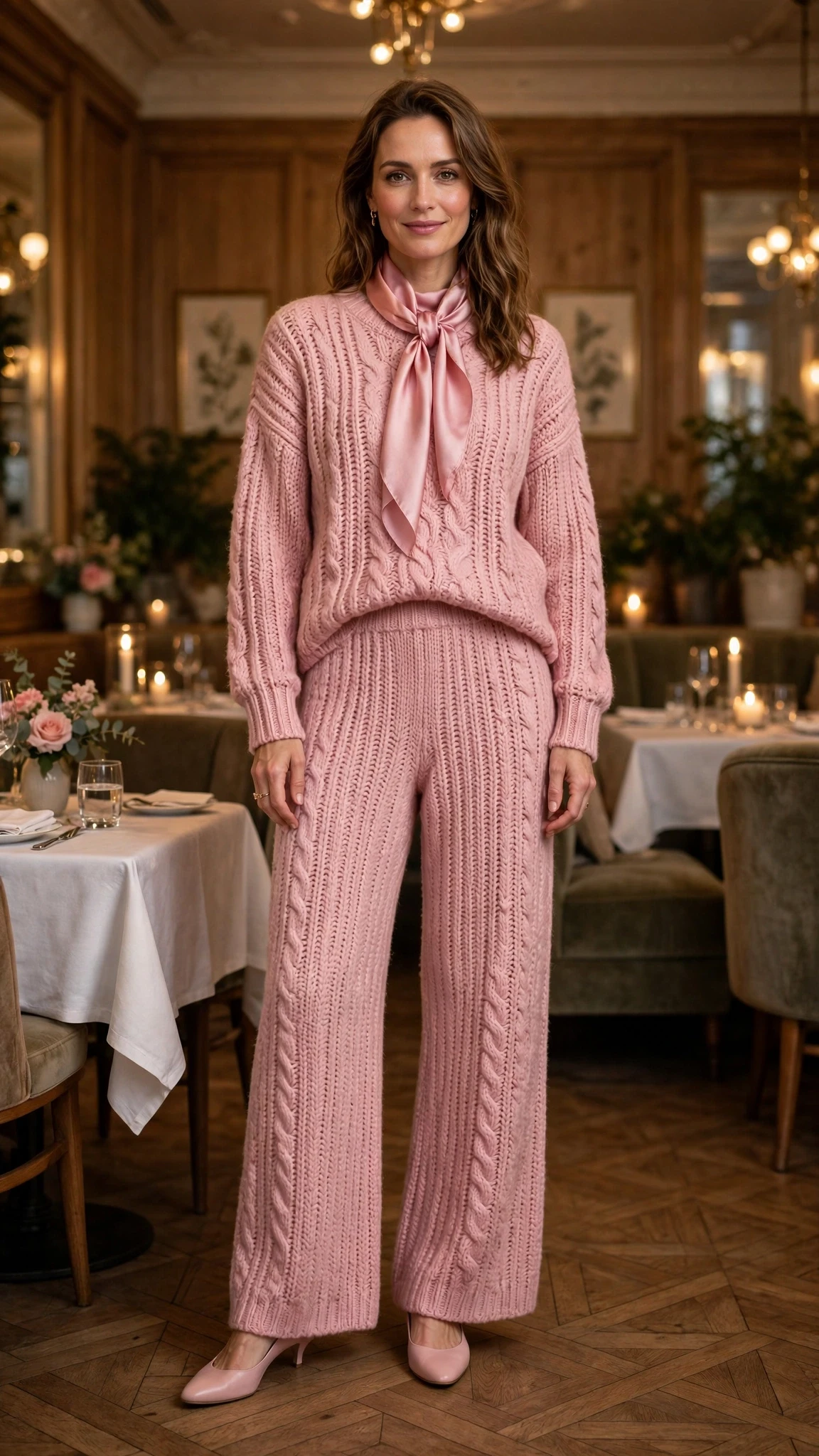 Rose soft pink chunky knit outfit with wide-leg trousers, low-heeled pumps and a silk scarf
