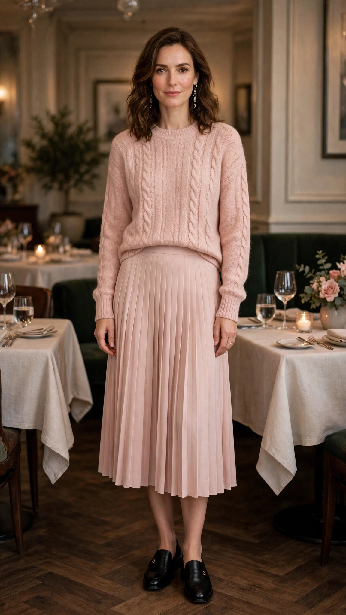 Blush soft pink knit sweater outfit with a pleated skirt, smart loafers and silver drop earrings