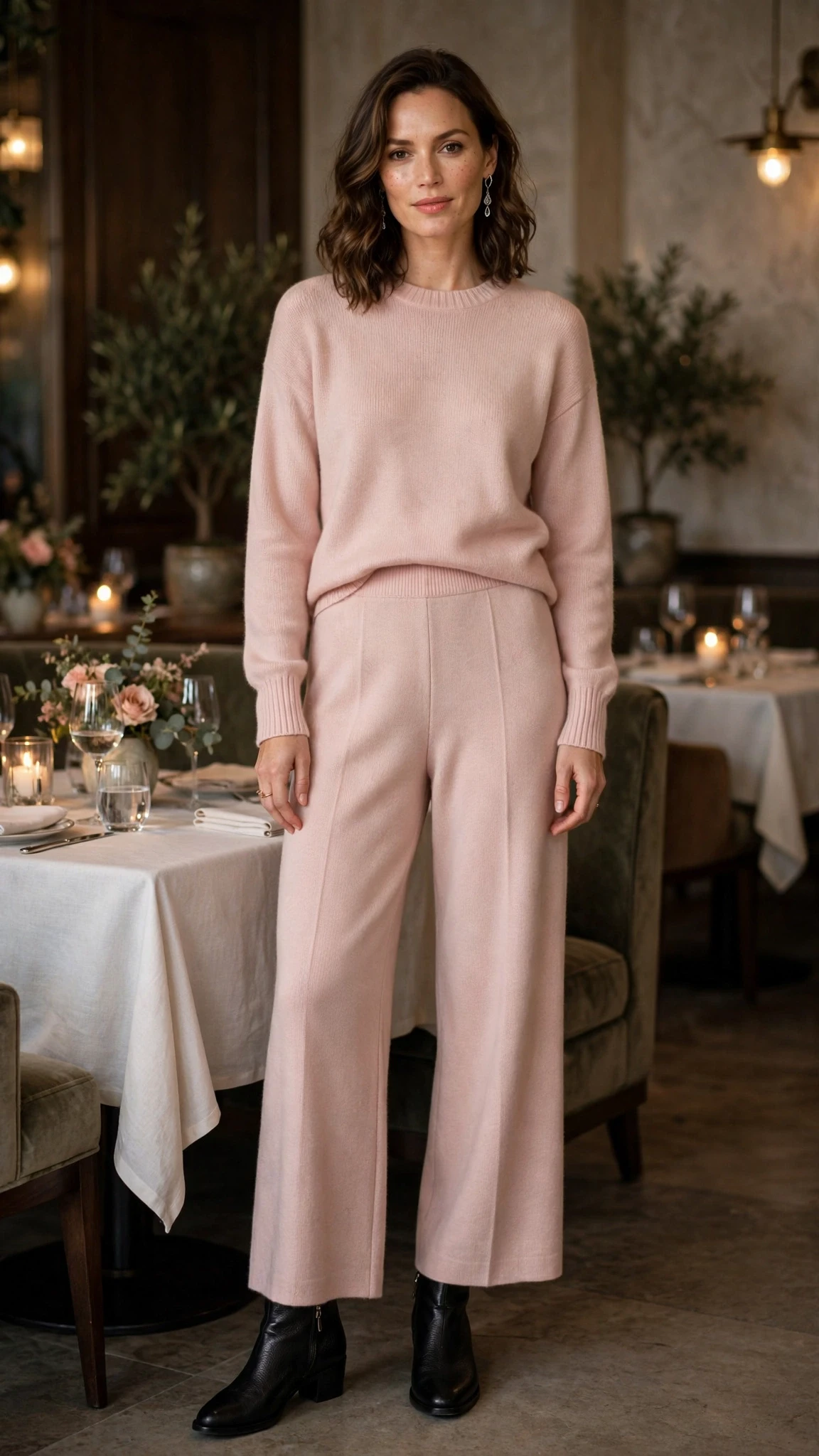 Blush soft pink knit and wide-leg trouser outfit with leather ankle boots and silver drop earrings