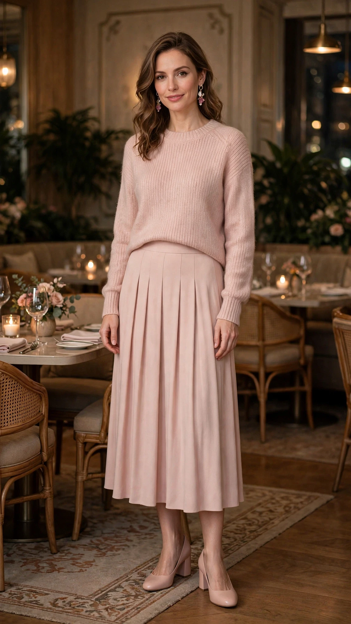 Blush soft pink knit and skirt outfit with comfortable block heels and statement earrings