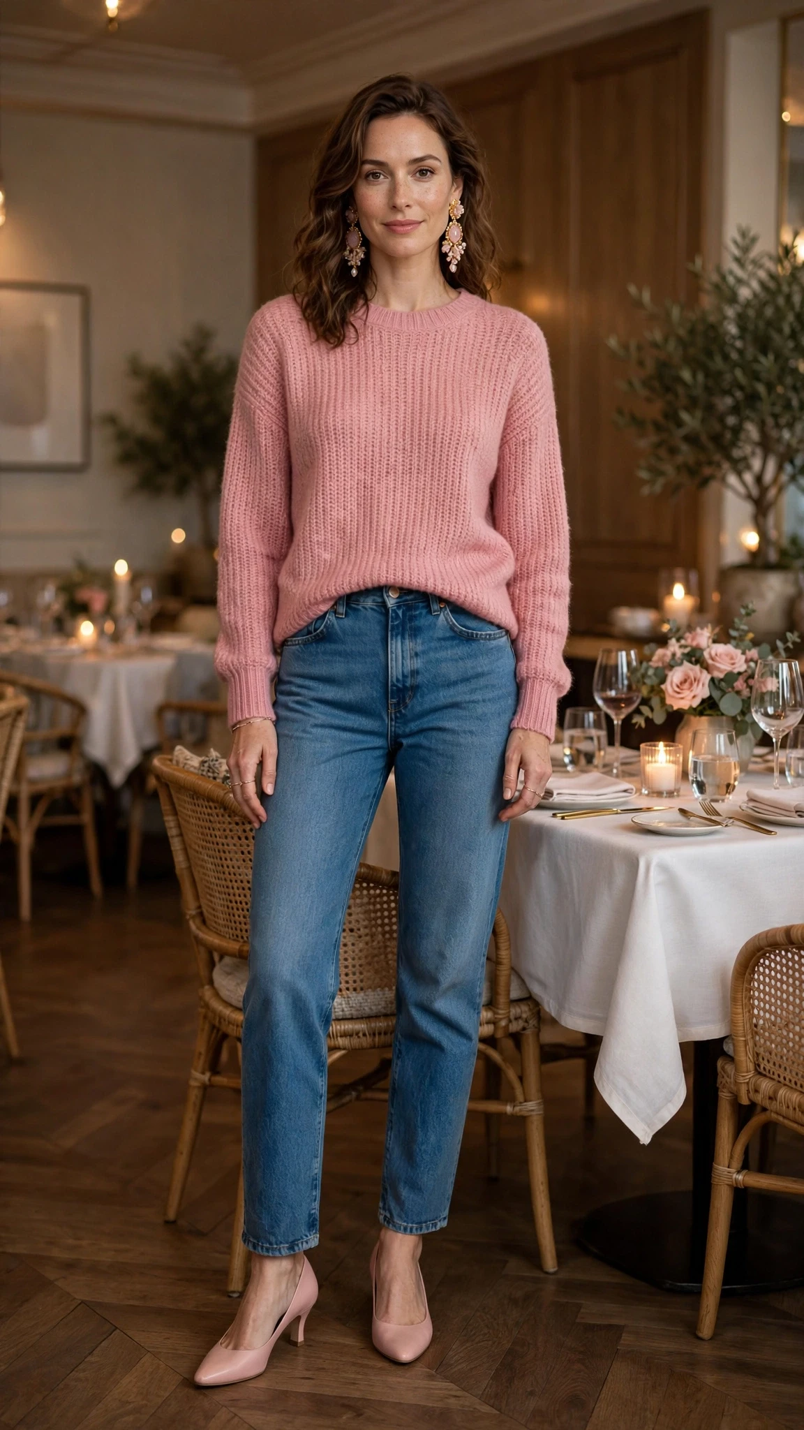 Rose soft pink knit and jeans outfit with low-heeled pumps and statement earrings