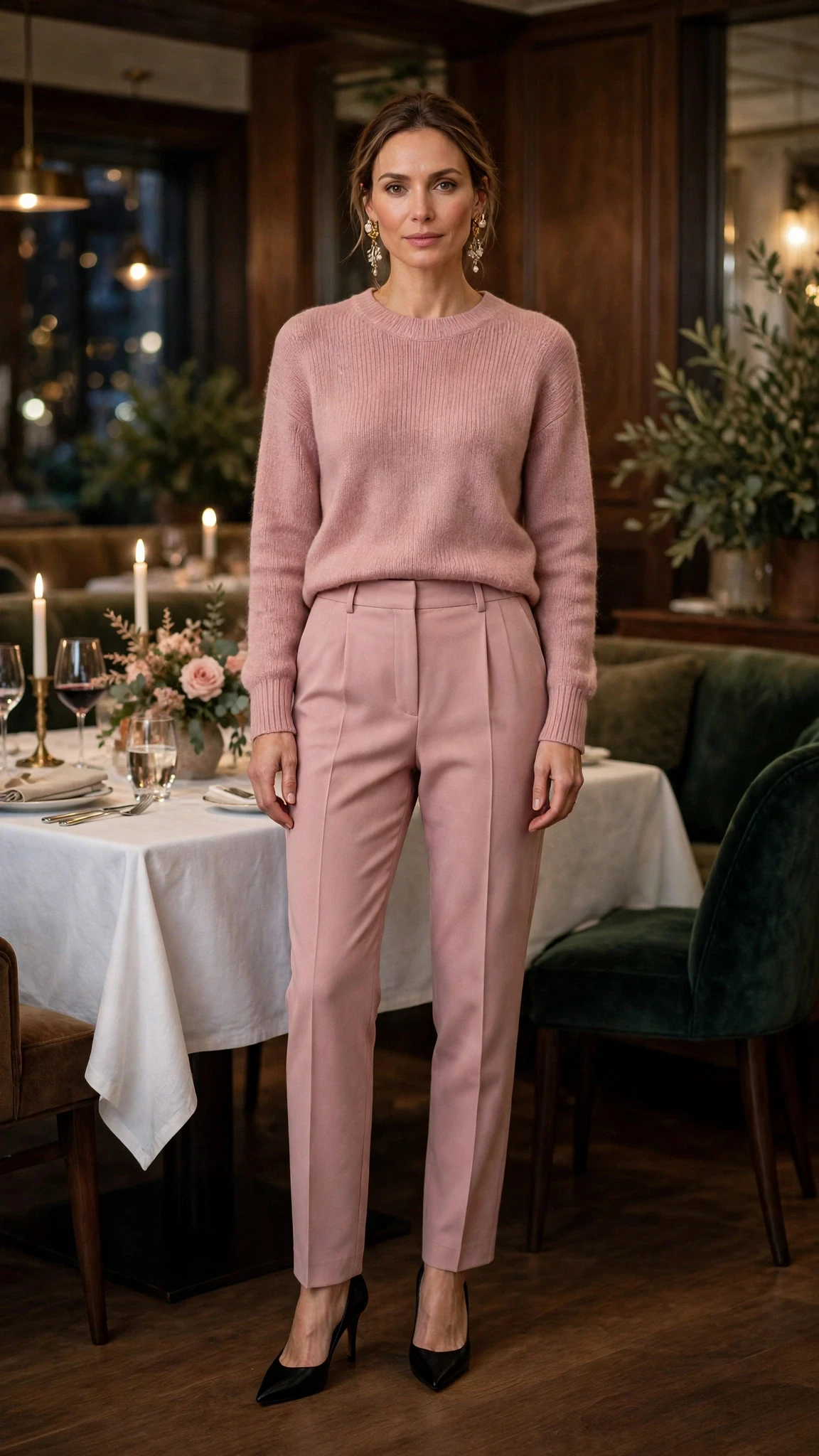 Dusty soft pink knit and tailored trouser outfit with black pointed heels and statement earrings