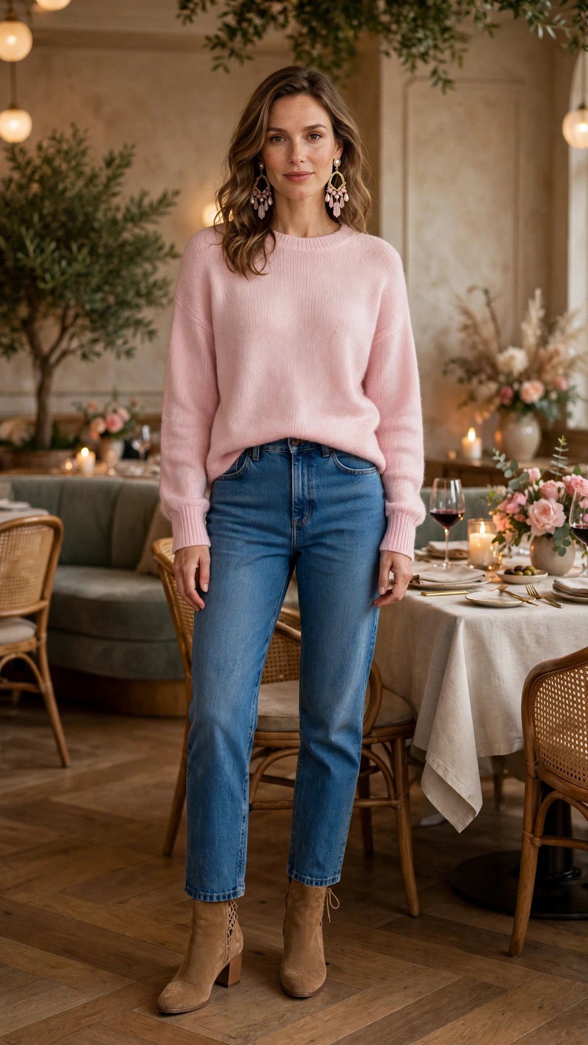 Pastel soft pink knit and jeans outfit with suede ankle boots and statement earrings
