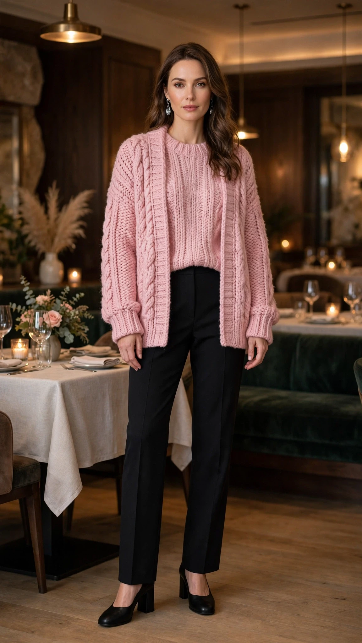 Soft pink chunky knit outfit with black trousers, comfortable block heels and silver drop earrings