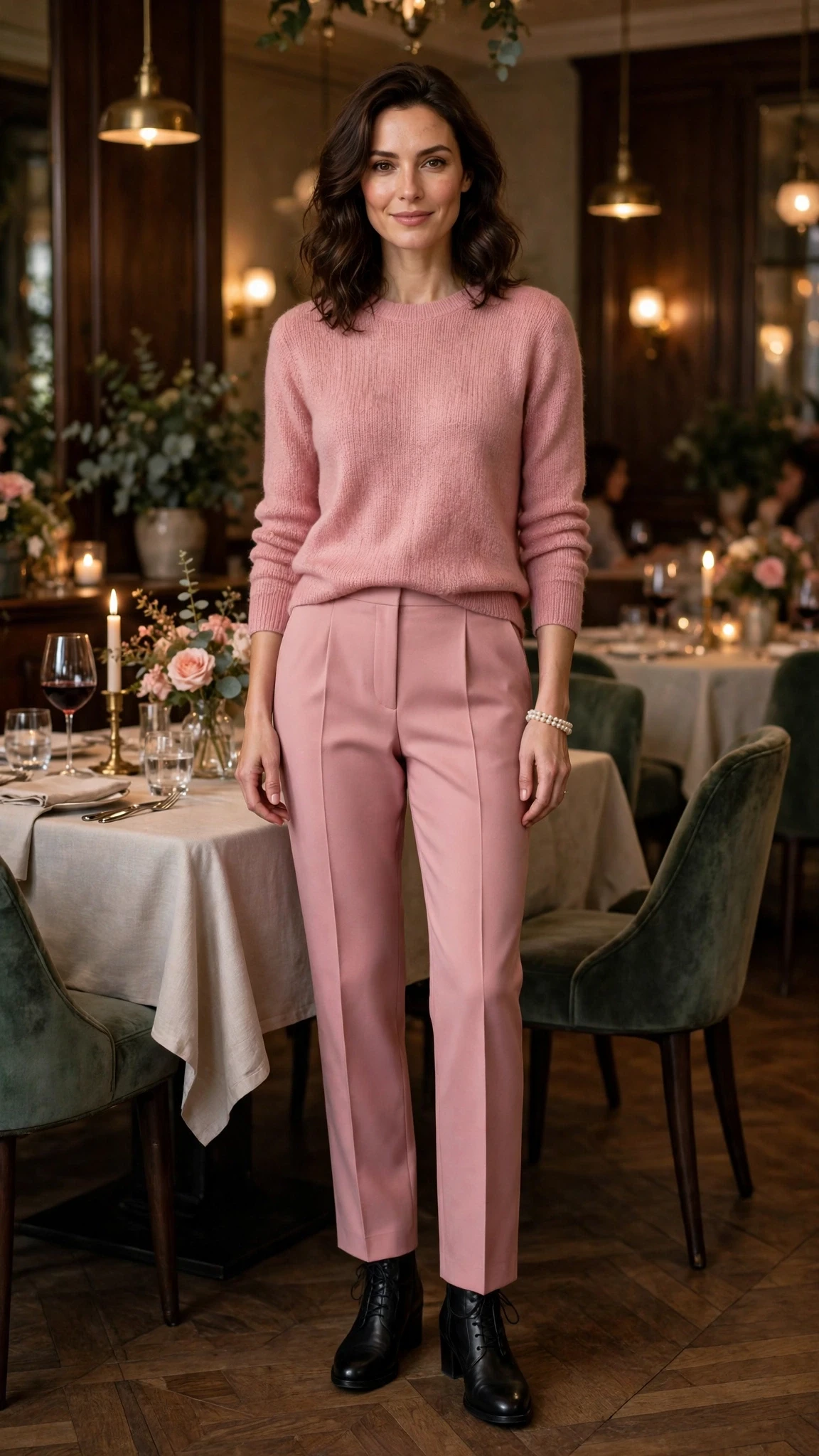 Rose soft pink knit and tailored trouser outfit with leather ankle boots and a pearl bracelet
