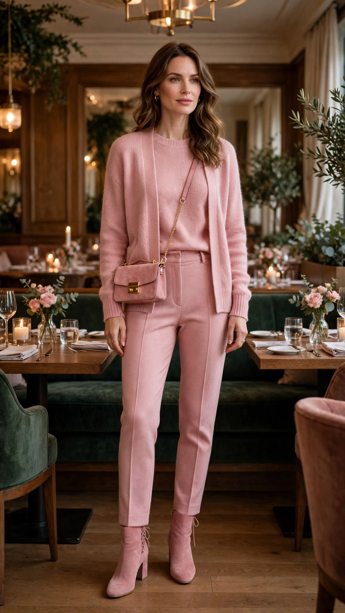 Rose soft pink knit midi outfit with tailored trousers, suede ankle boots and a chic crossbody bag