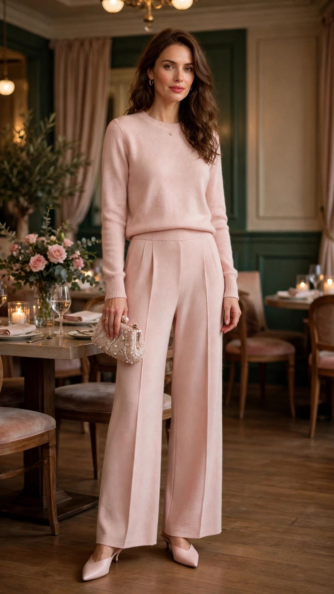 Blush soft pink knit and wide-leg trouser outfit with pointed mules and a beaded clutch