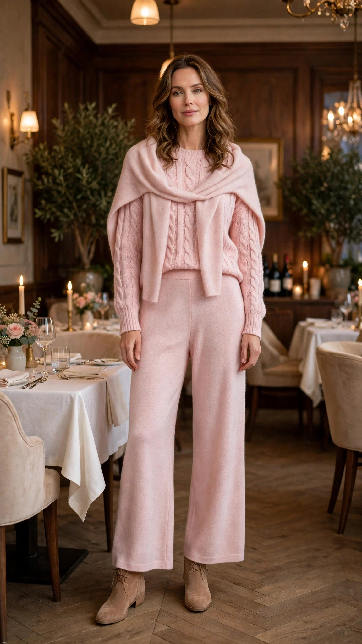 Pastel soft pink knit and wide-leg trouser outfit with suede ankle boots and a cashmere wrap