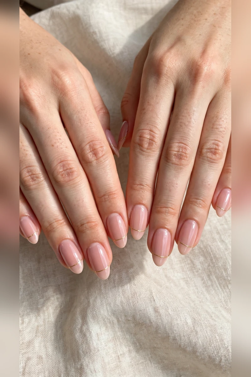 Soft Pink Romantic Nails in Almond with Tiny Gold Line